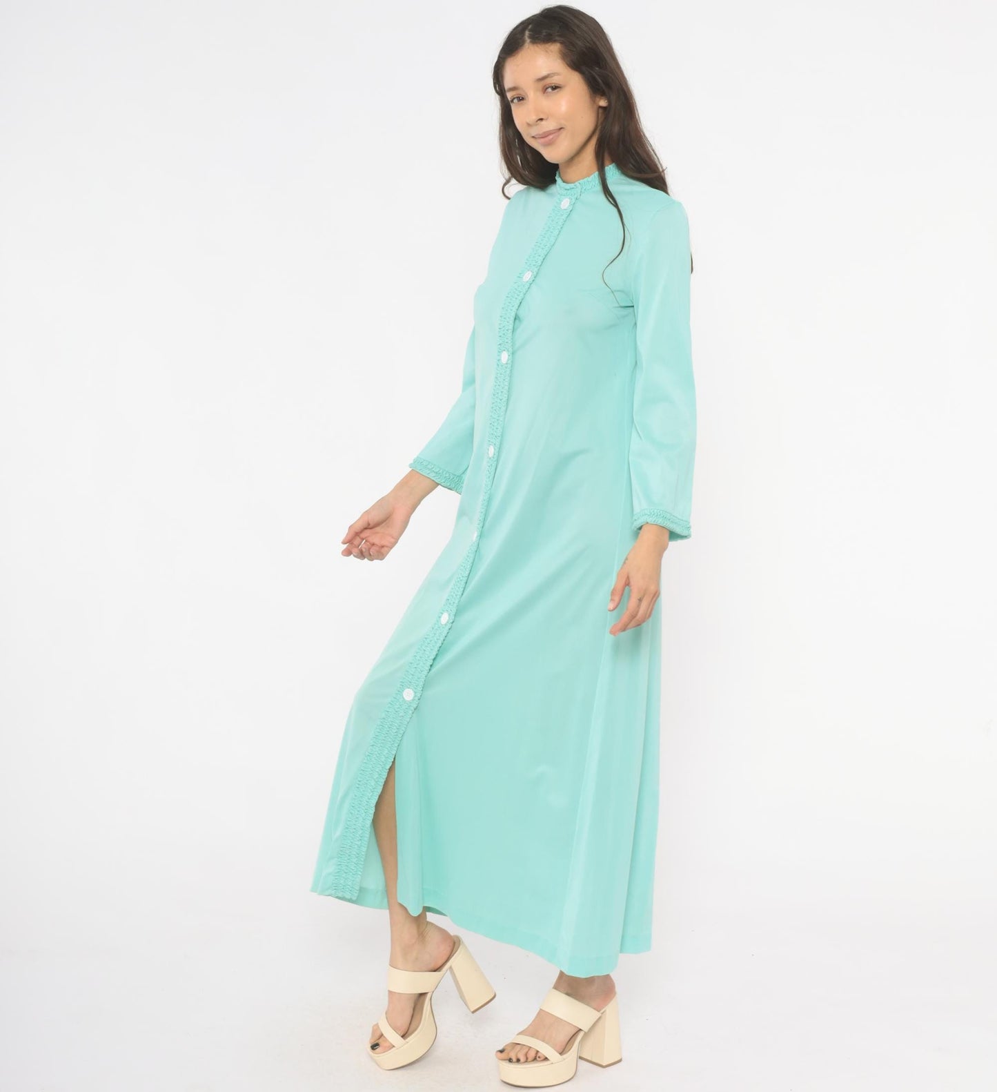 70s Loungewear by Gossard Mint Maxi Housecoat Smocked Ruffle Small