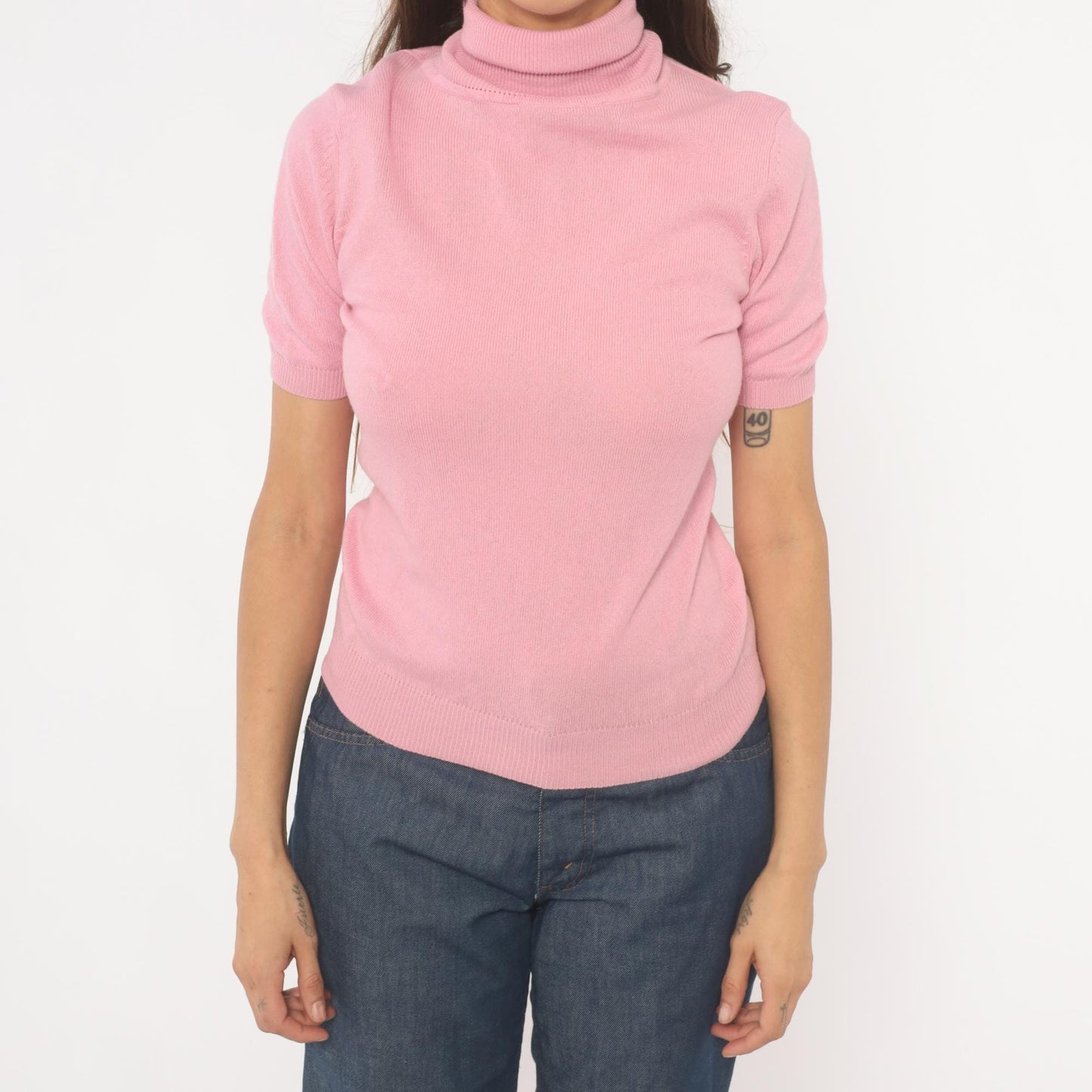 2000s Donna Gray Cashmere Turtleneck Pullover Pink Short Sleeve Small S