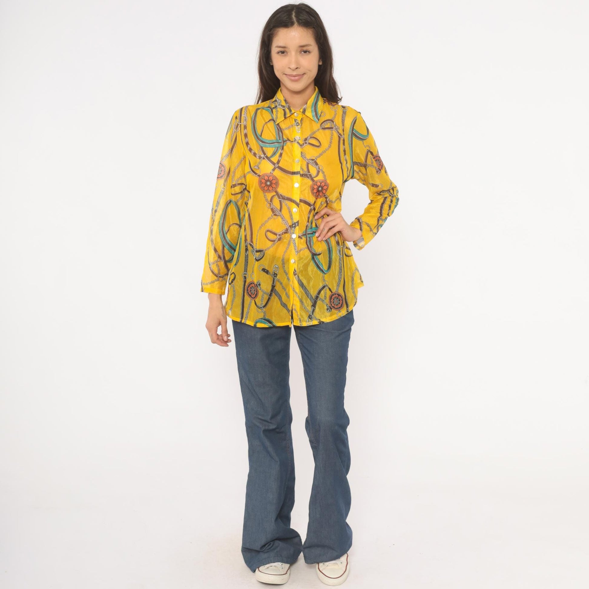 2000s Equestrian Chain Belt Print Sheer Blouse Mustard Gold Long Sleeve Large L