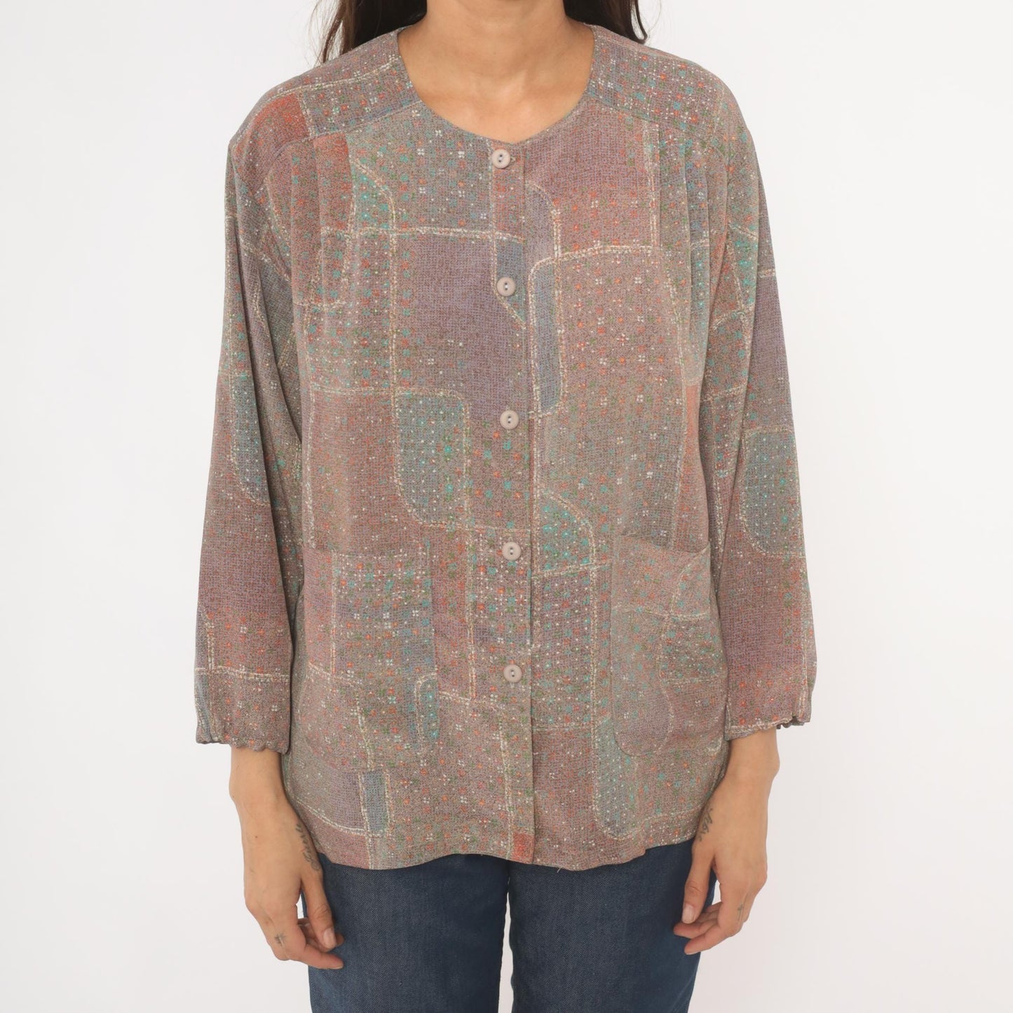 90s Patchwork Print Button-Front Blouse Grey Purple Geometric Large L