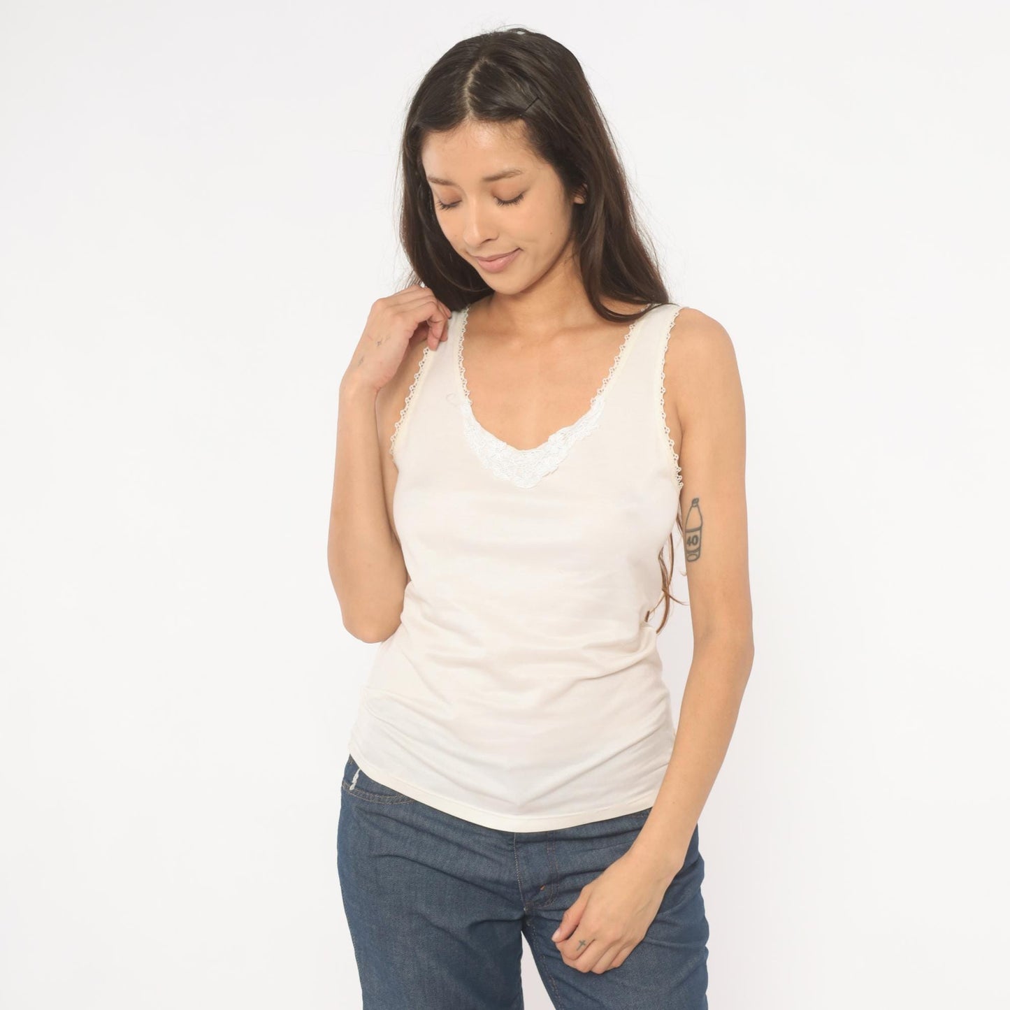 80s Ivory Camisole Lace Trim Scoop Neck Tank Top Small S