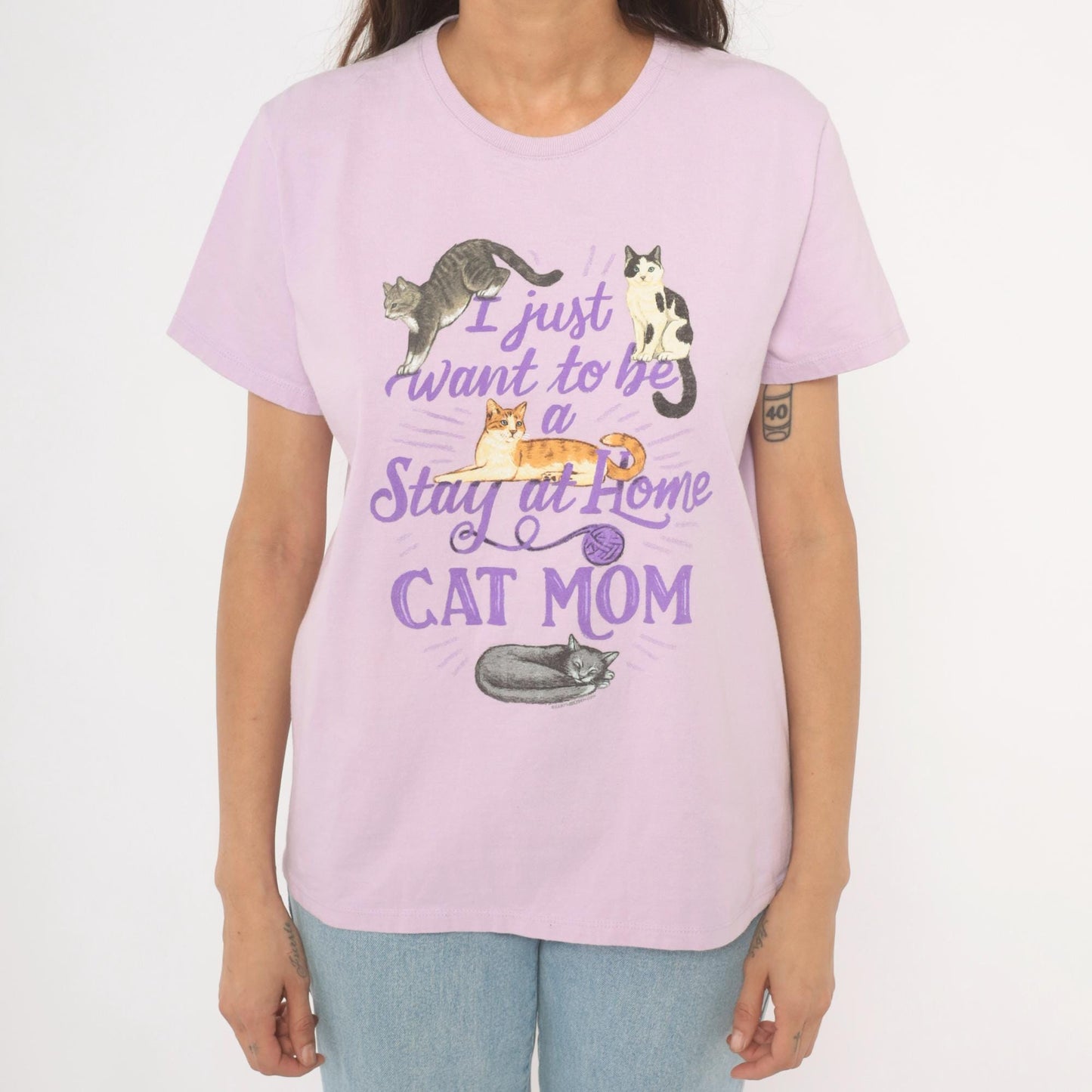 00s Port & Company Stay At Home Cat Mom Graphic Tee Lavender Large L