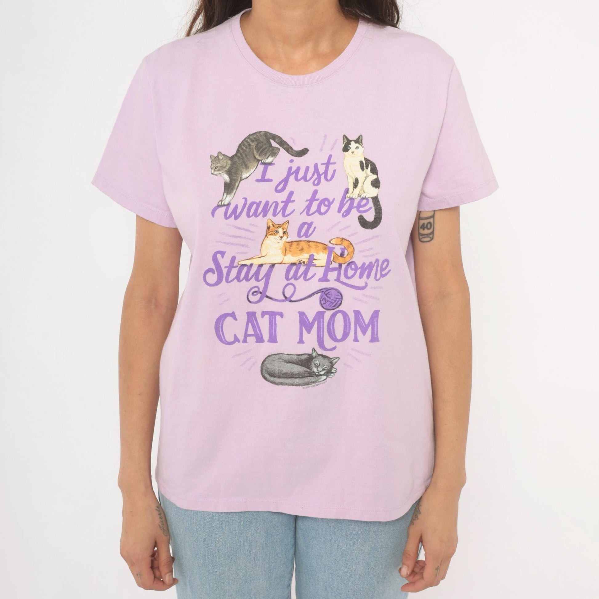 00s Port & Company Stay At Home Cat Mom Graphic Tee Lavender Large L