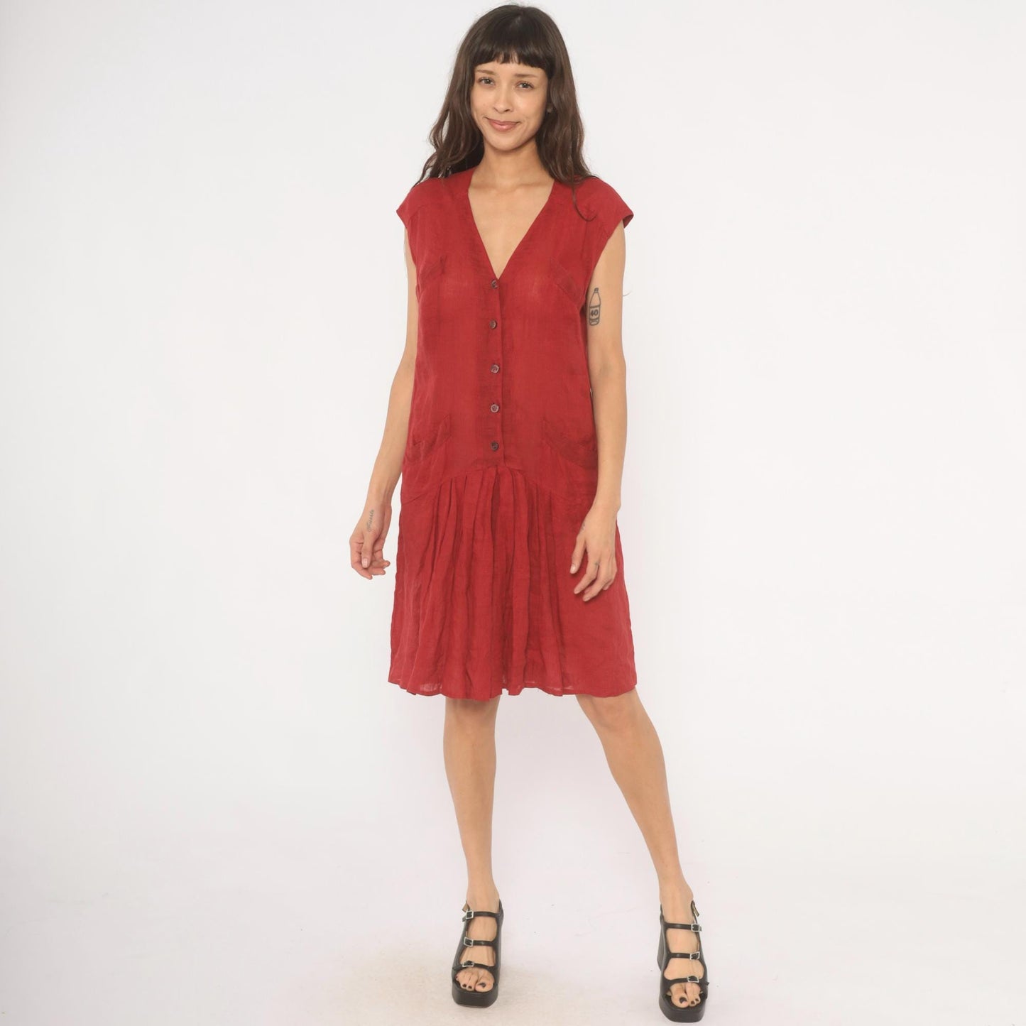 90s Laura Biagiotti Red Linen Dress V Neck Cap Sleeve Drop Waist Medium
