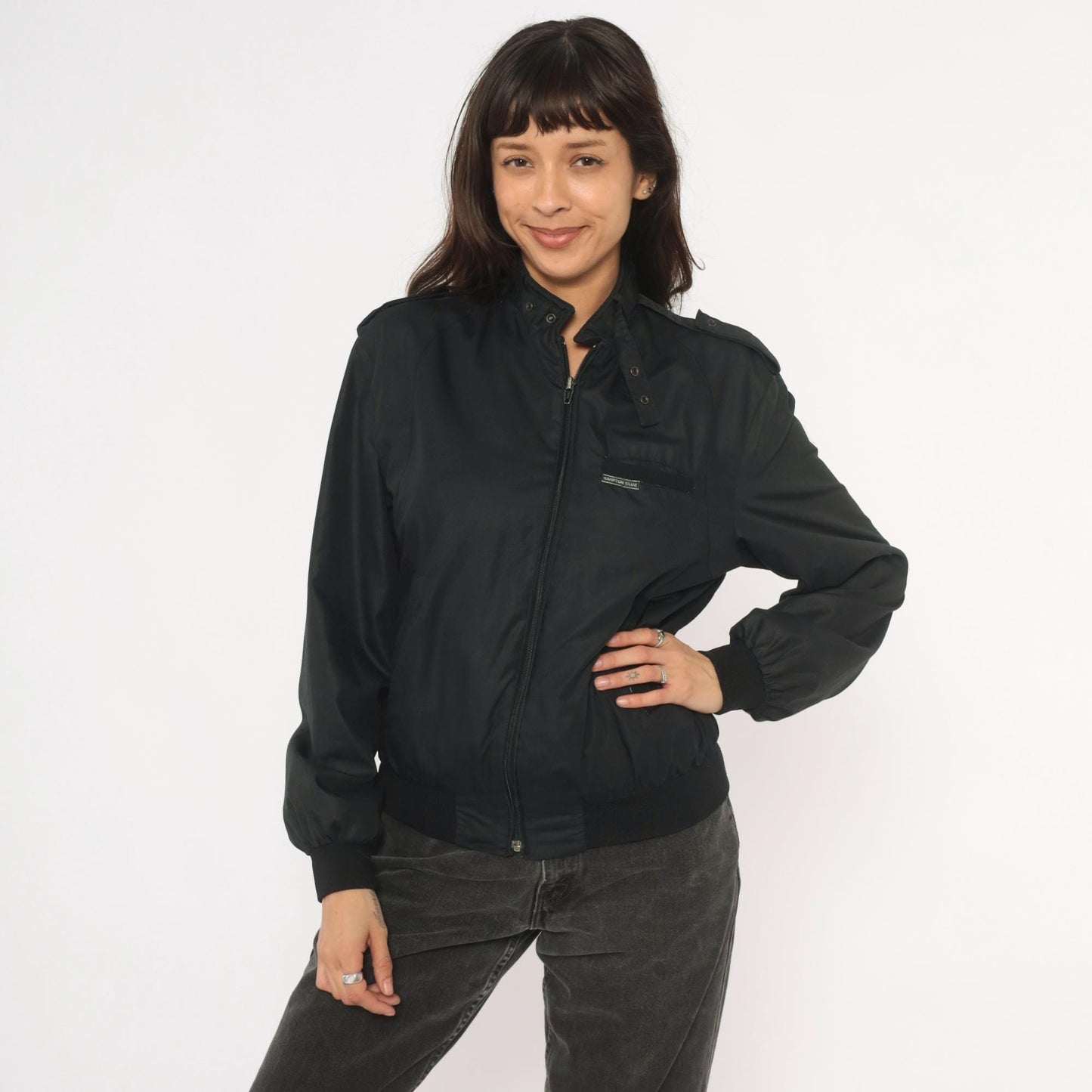 80s Hampton Country Club Black Bomber Jacket Snap Collar Epaulette Extra Small XS