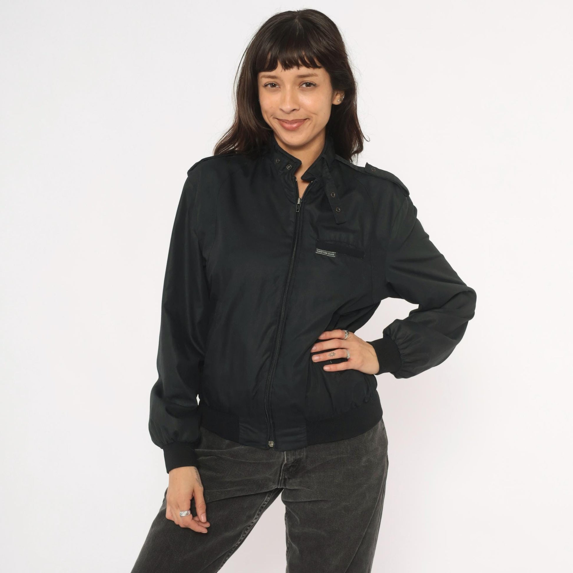 80s Hampton Country Club Black Bomber Jacket Snap Collar Epaulette Extra Small XS