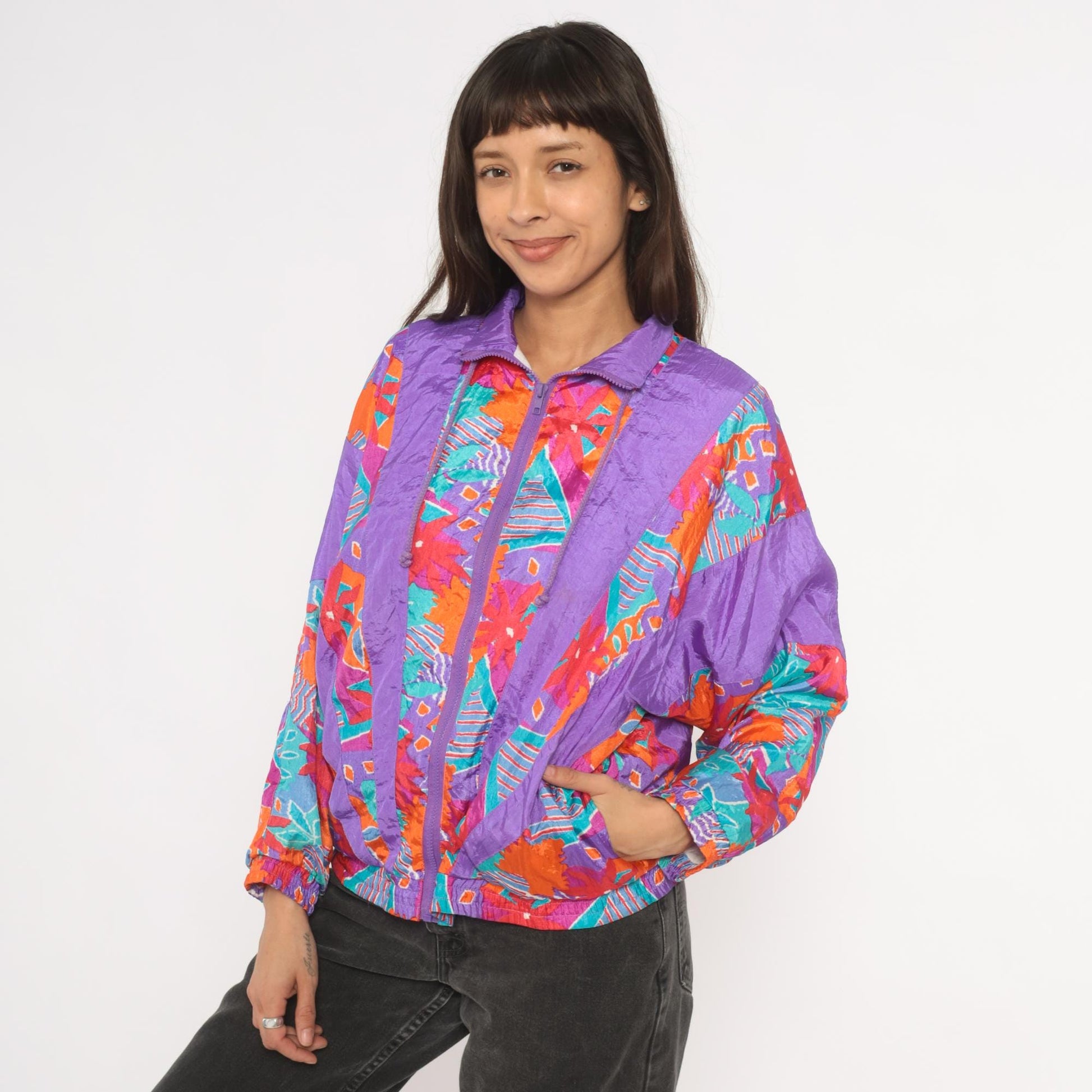 90s Aviat Sportif Windbreaker Purple Geometric Floral Print Small