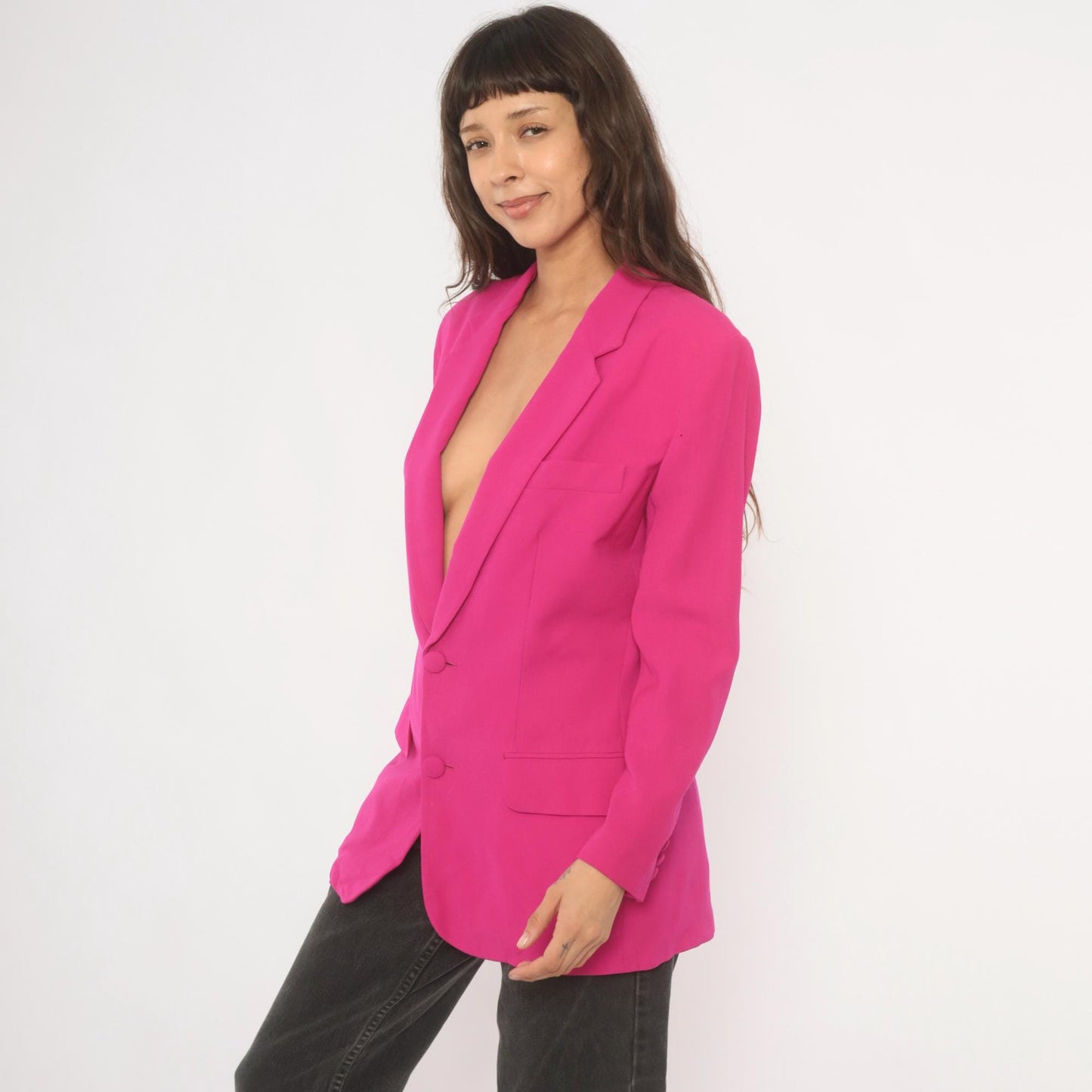 90s N. Valentino Hot Pink Wool Blazer Two-Button Structured Shoulders Medium M