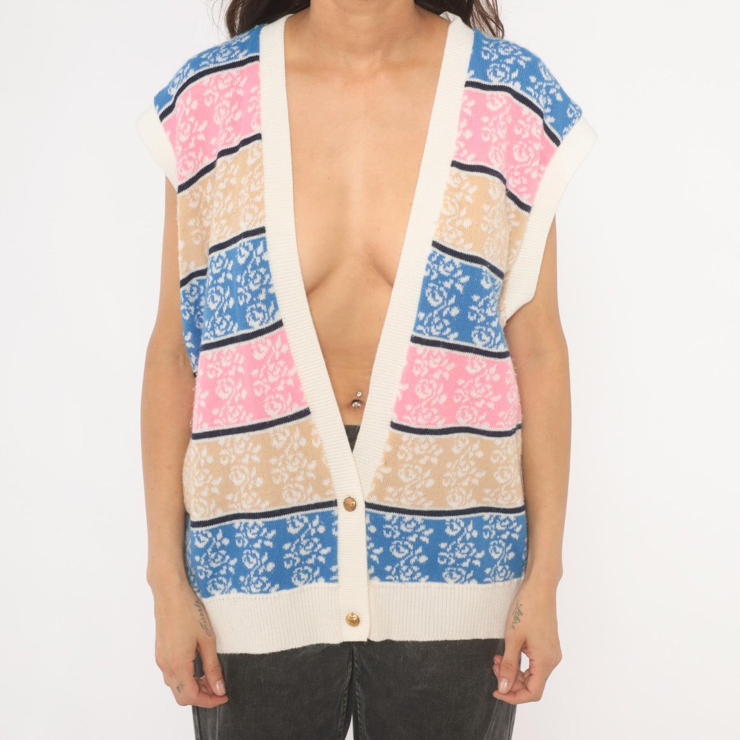 80s Floral Striped Sweater Vest V-Neck Knit Rose Print Blue Pink Cream Large