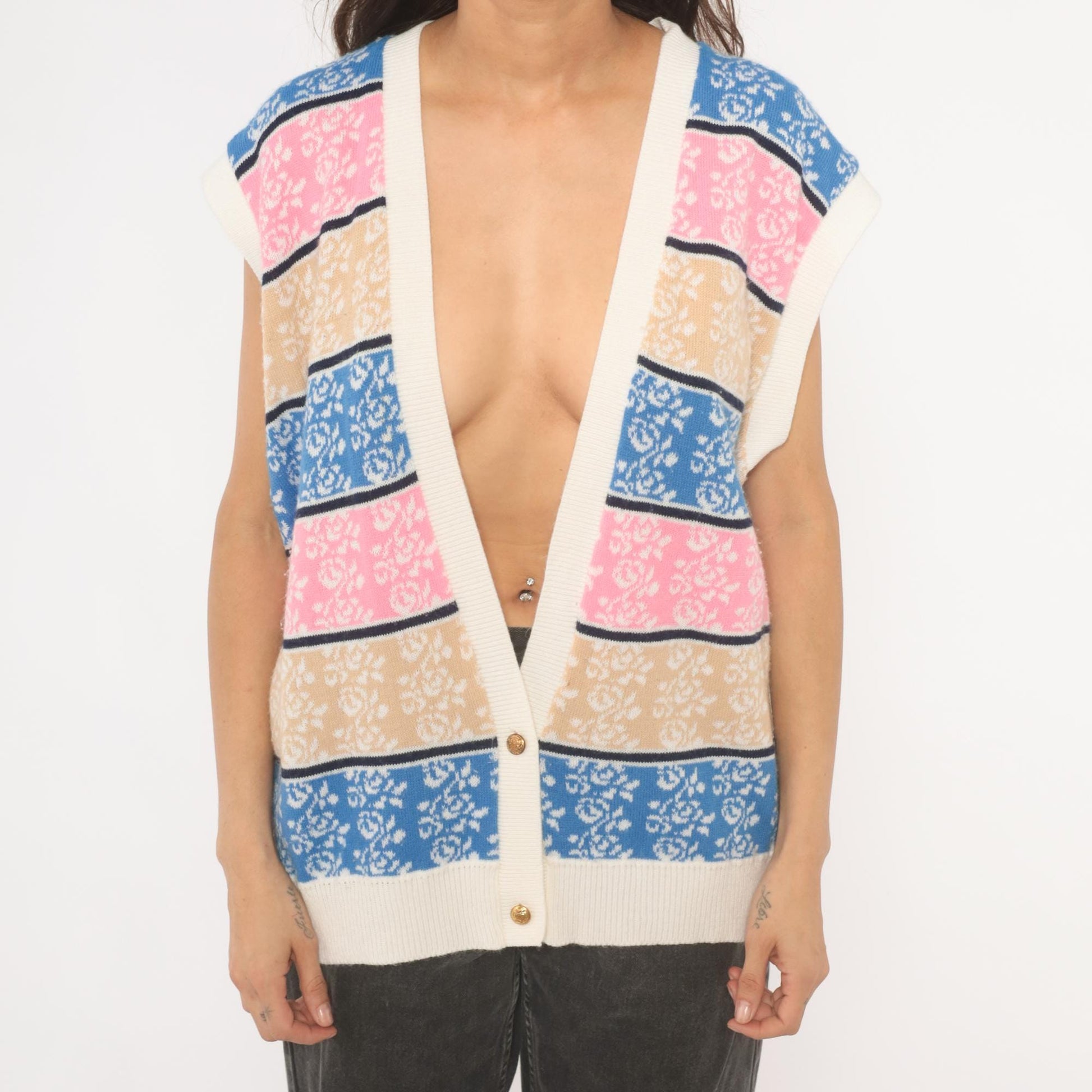 80s Floral Striped Sweater Vest V-Neck Knit Rose Print Blue Pink Cream Large