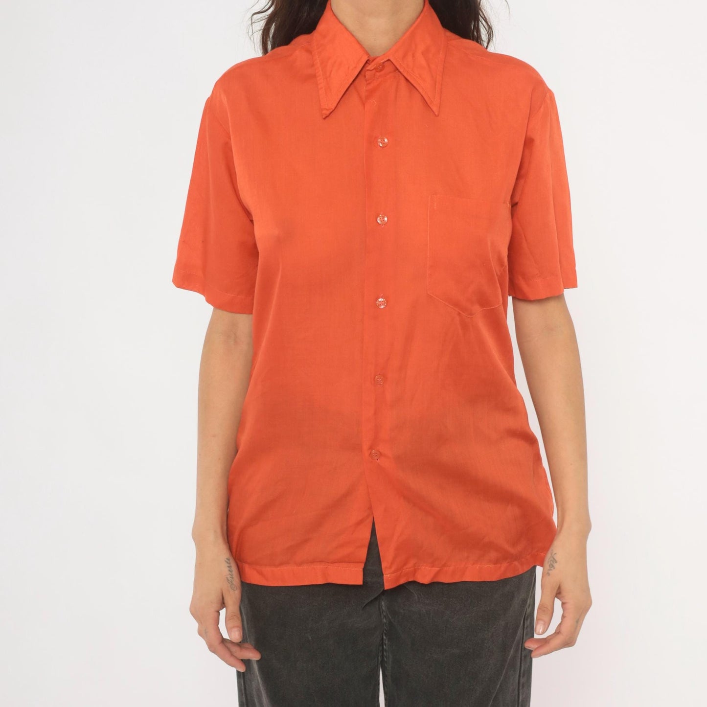 70s Odeon Burnt Orange Button-Up Shirt Pointed Collar Short Sleeve Medium