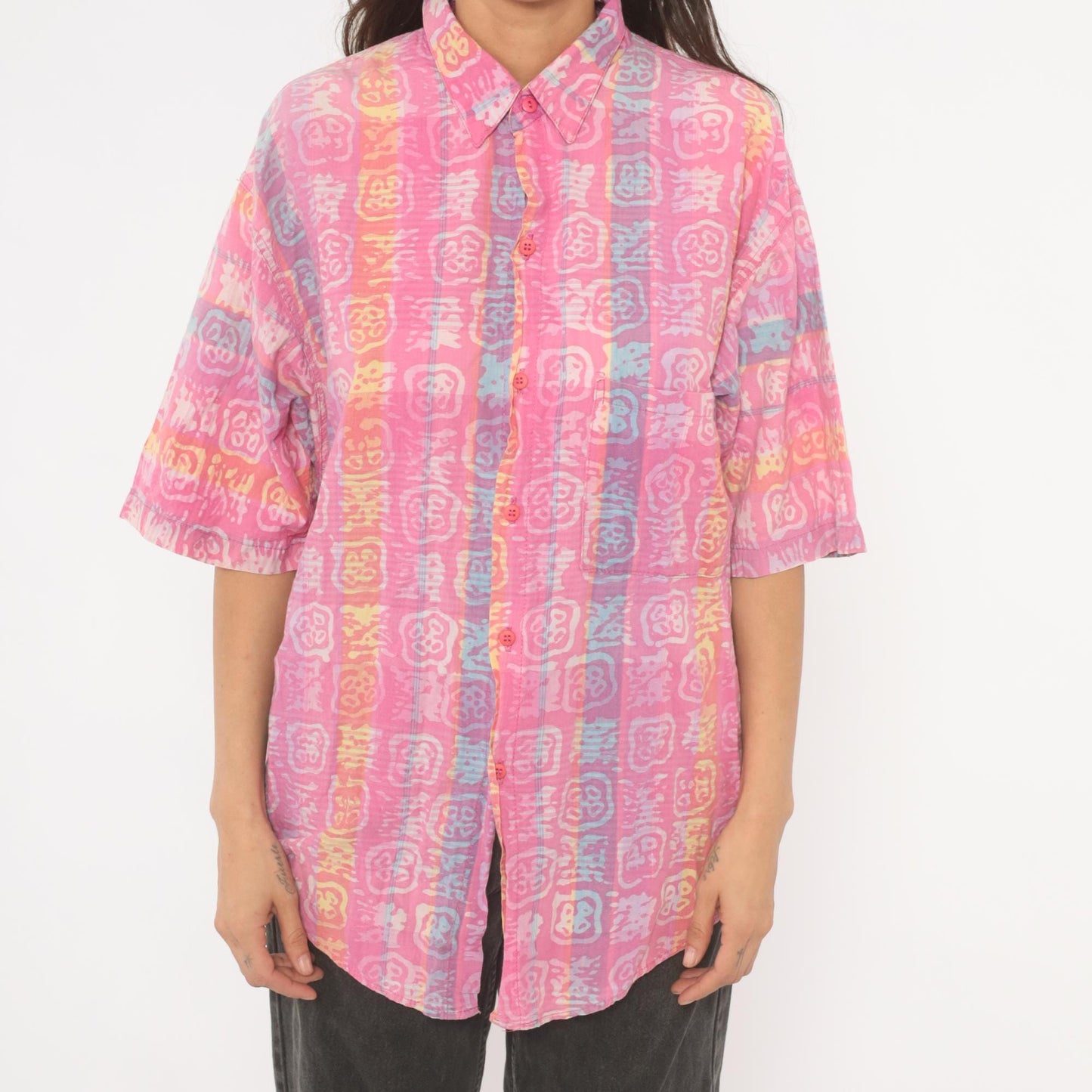 90s Body Objects Batik Print Button-Up Shirt Pink Multicolor Abstract Large L