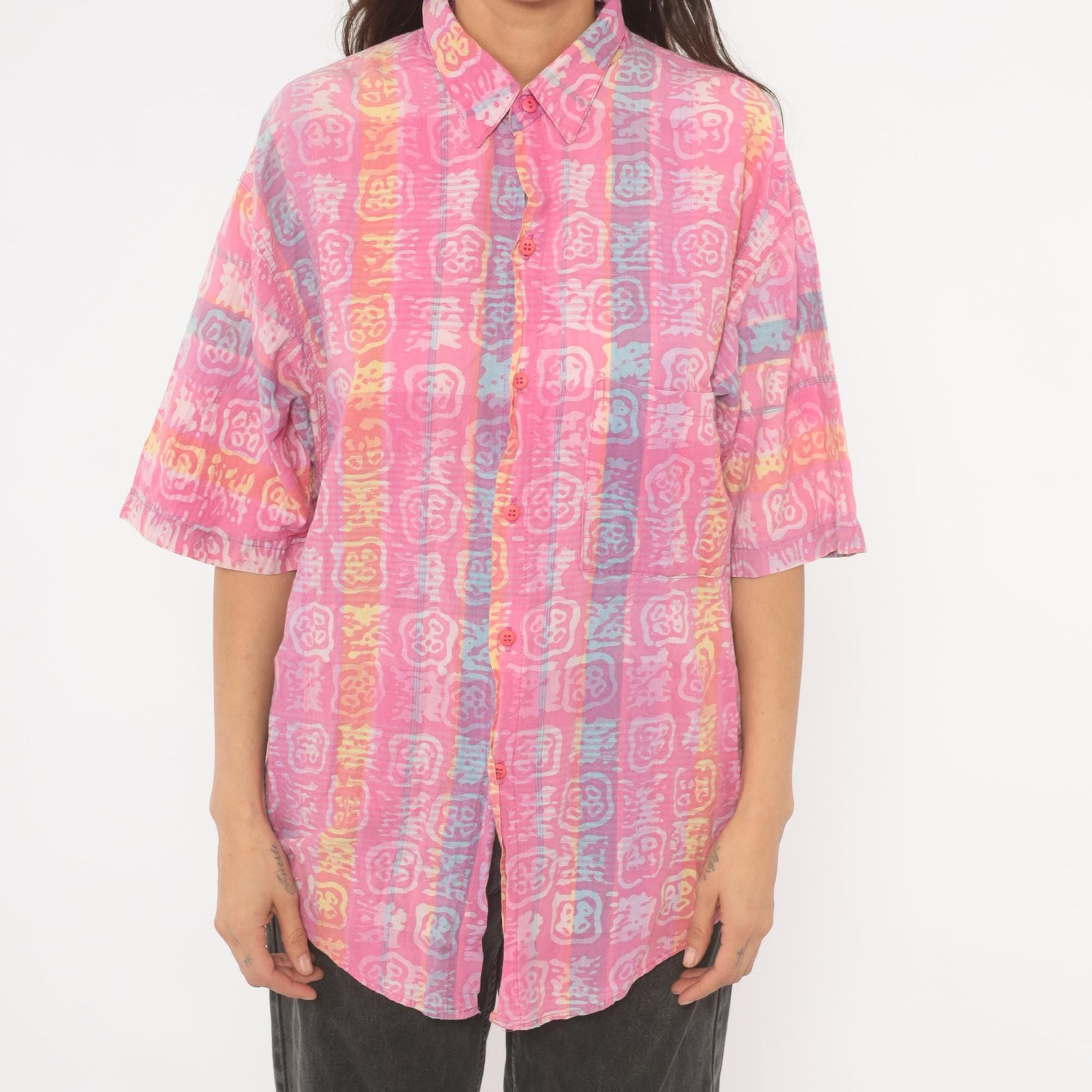 90s Body Objects Batik Print Button-Up Shirt Pink Multicolor Abstract Large L