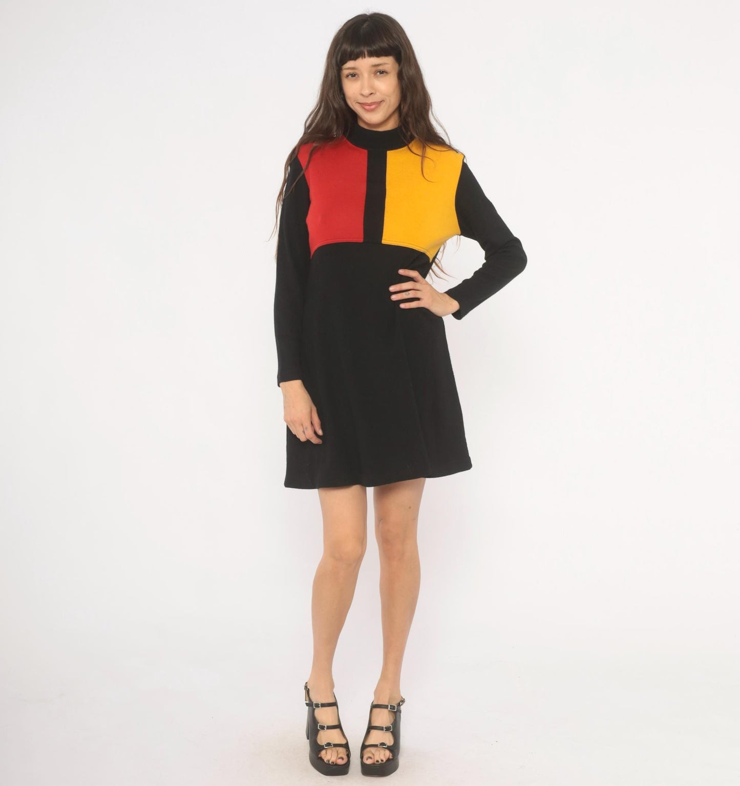 80s Karin Stevens Color Block Mini Dress Red Mustard Mock Neck Medium