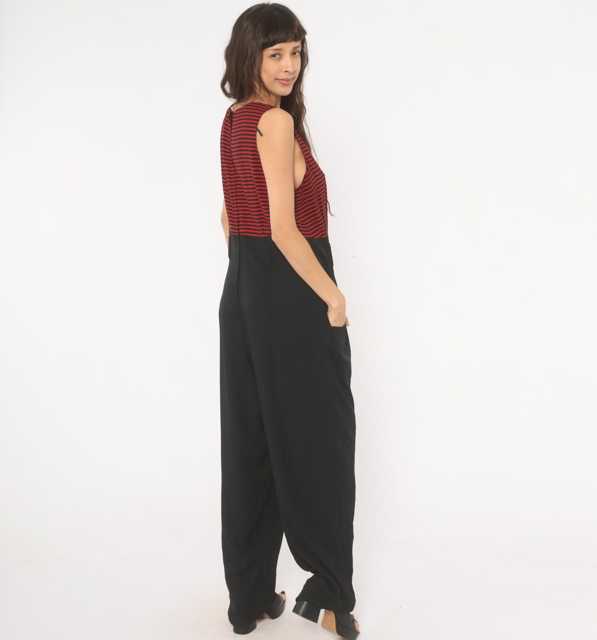 90s Red Black Striped Sleeveless Jumpsuit Wide Leg Maxi Tank Large L