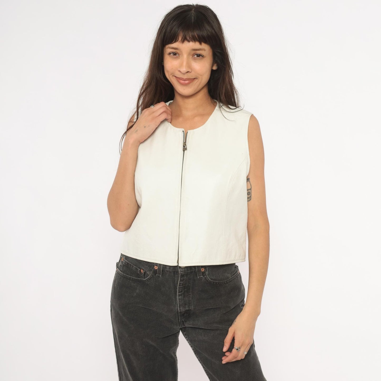 90s Sigrid Olsen White Leather Vest Zip Front Cropped Scoop Neck Medium M