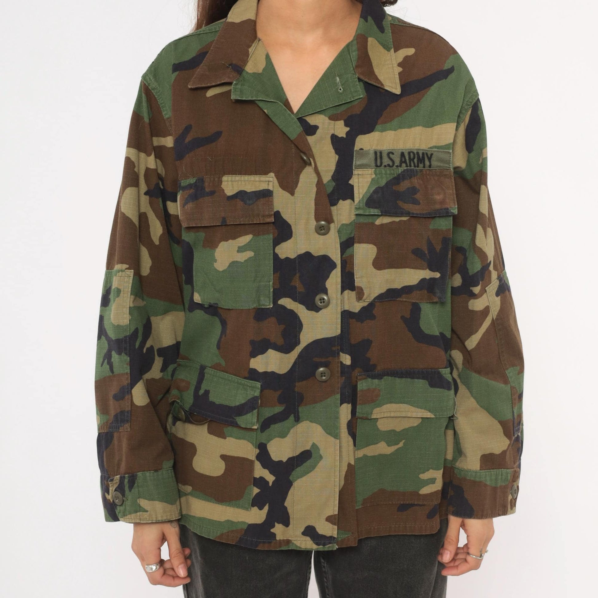 90s U.S. Army BDU Woodland Camouflage Button-Front Shirt Medium M
