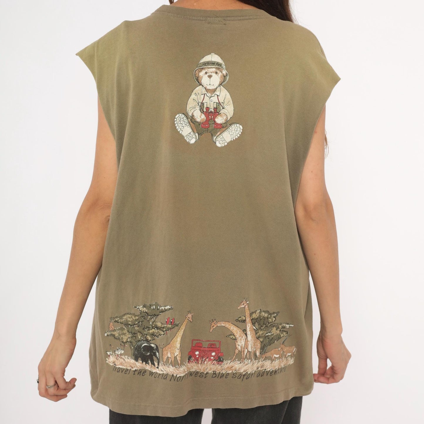 90s Northwest Blue Safari Bear Graphic Tank Top Olive Green Extra Large