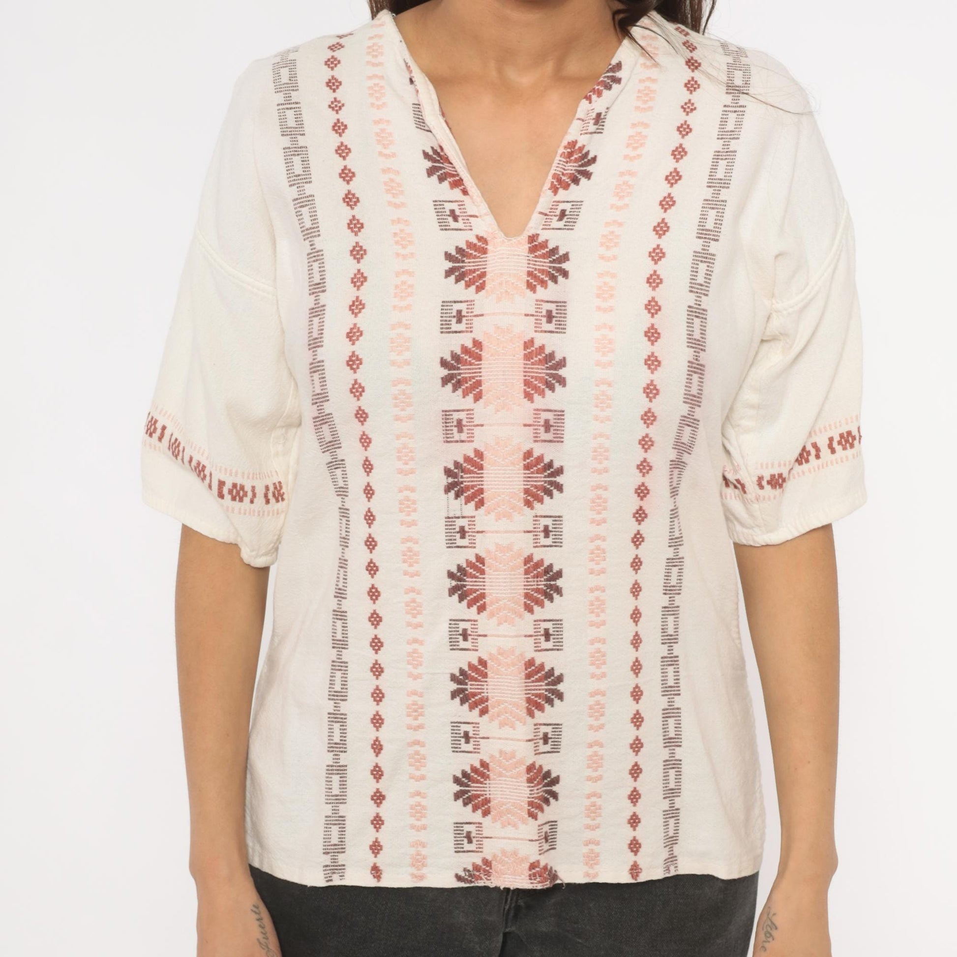 90s Cream Embroidered Blouse Cotton V-Neck Puff Sleeve Pullover Small S