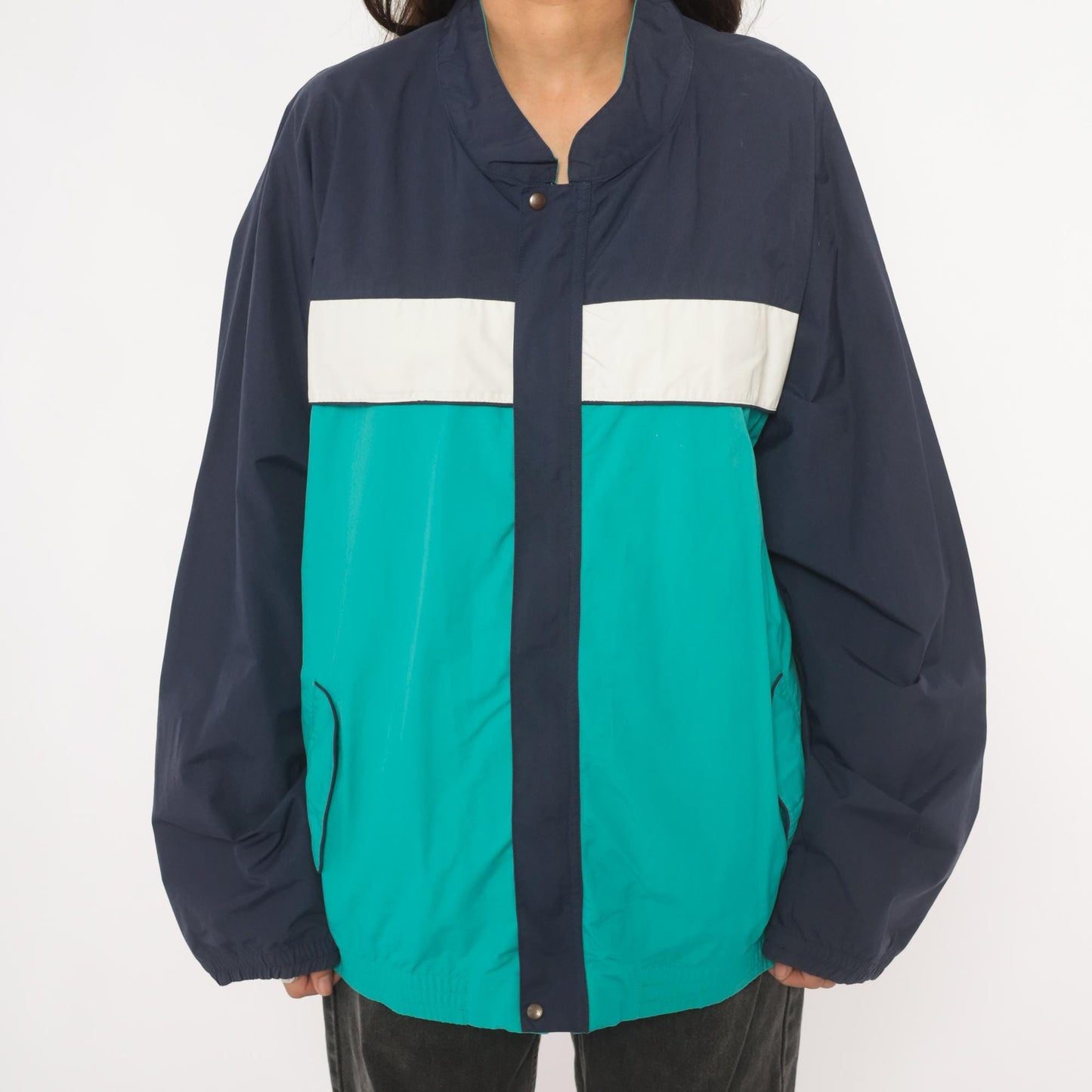 90s Tourney Colorblock Windbreaker Teal Navy White Snap Jacket Extra Large XL