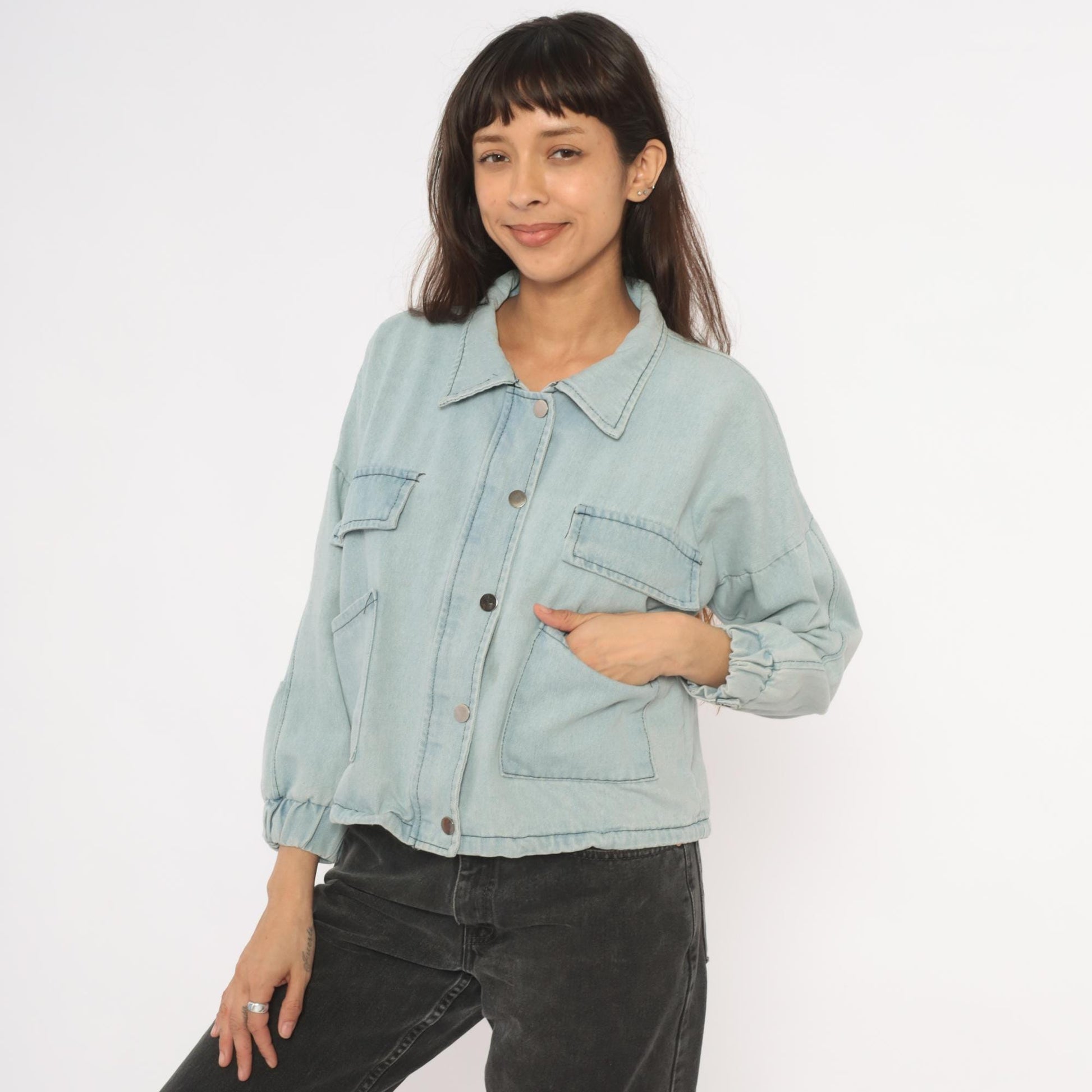 2000s Wang Luo Niu Za Light Wash Denim Crop Jacket Powder Blue Small S
