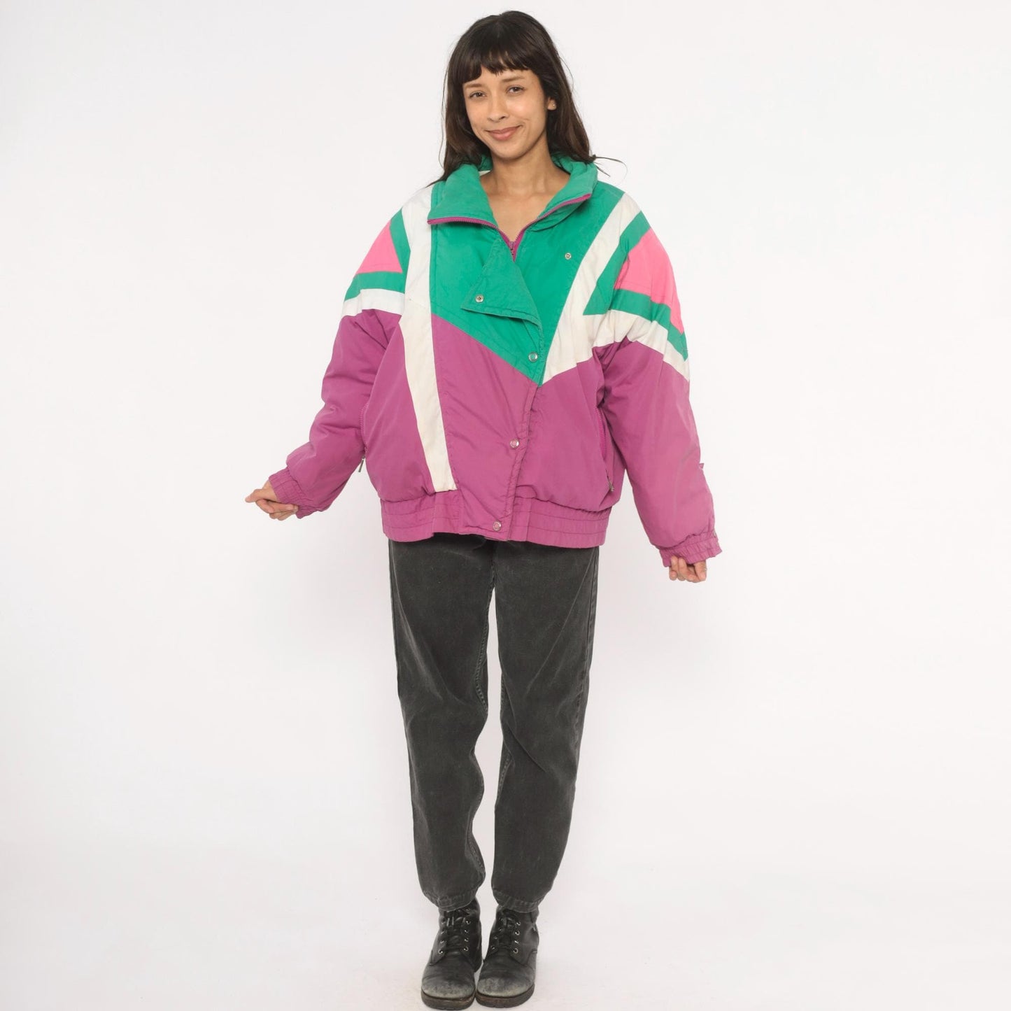 90s Kaos Ski Jacket Colorblock Teal Pink Purple Geometric Puffer Large L