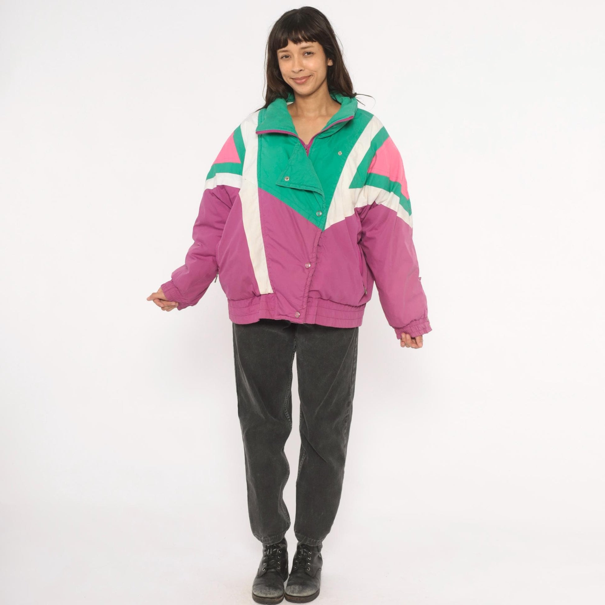 90s Kaos Ski Jacket Colorblock Teal Pink Purple Geometric Puffer Large L