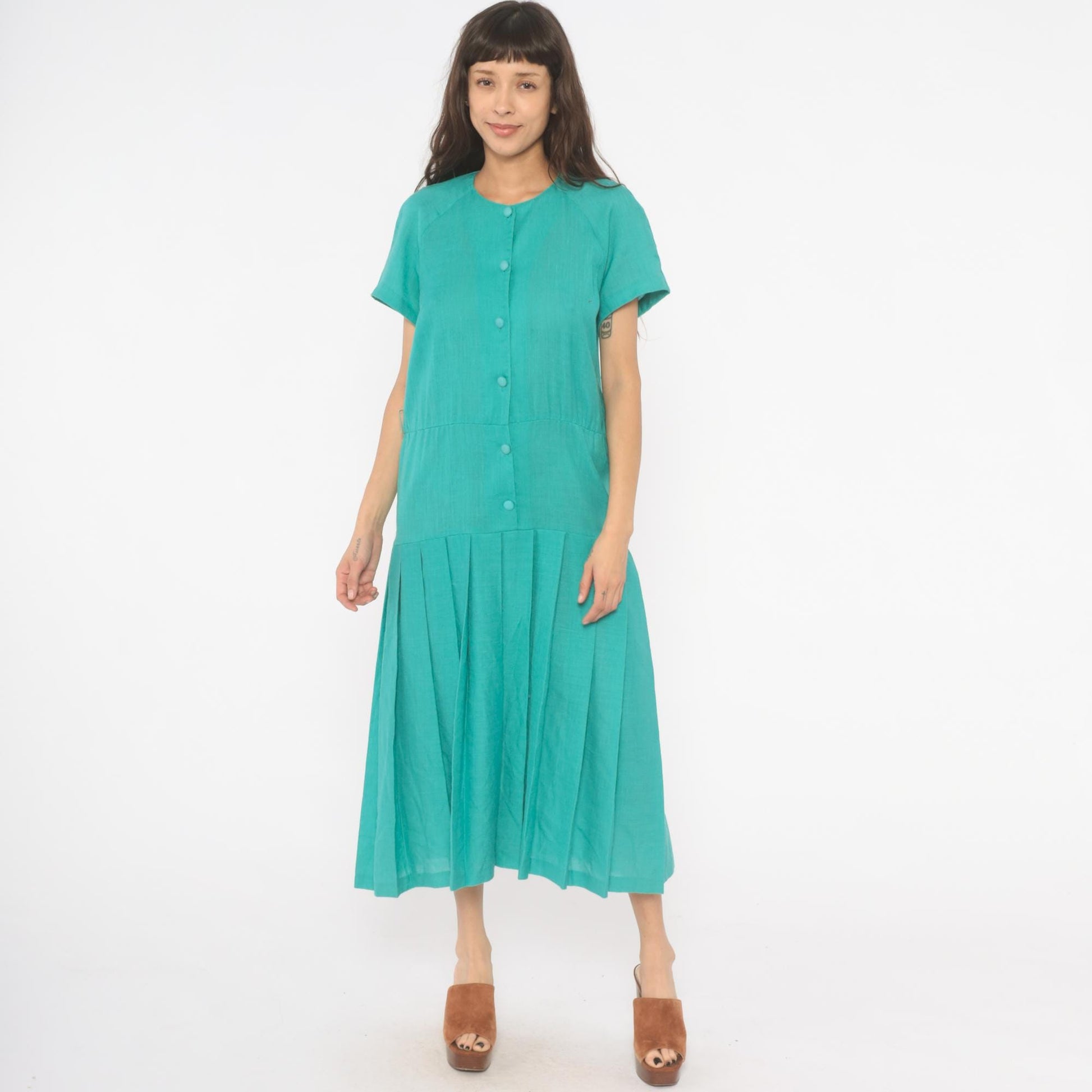 80s Sabino Teal Midi Dress Button Front Drop Waist Pleated Raglan Large L
