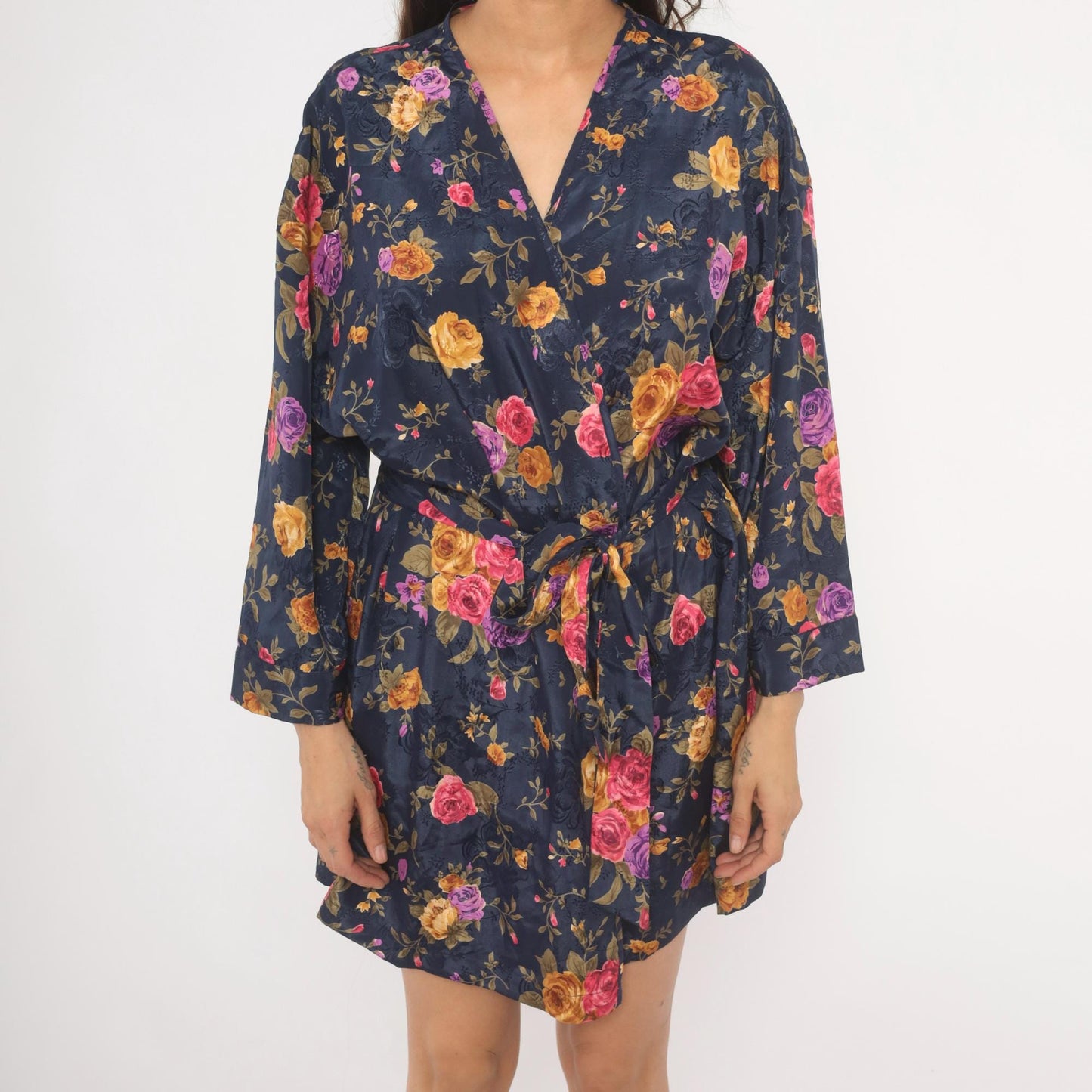 90s M.T. Morgan Taylor Navy Floral Kimono Robe Mini Wrap Tie Front Medium Large