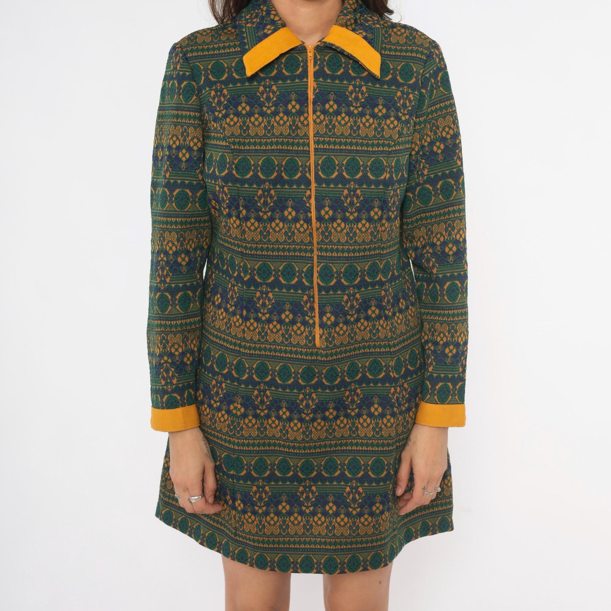 70s NPC Fashions Tapestry Mini Dress Forest Green Gold Jacquard Zip Collar Large L