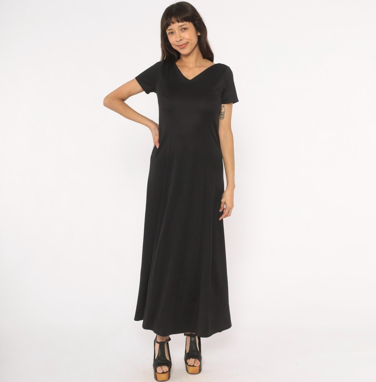 90s Black Maxi Dress V Neck Short Sleeve A Line Formal Gown Small S