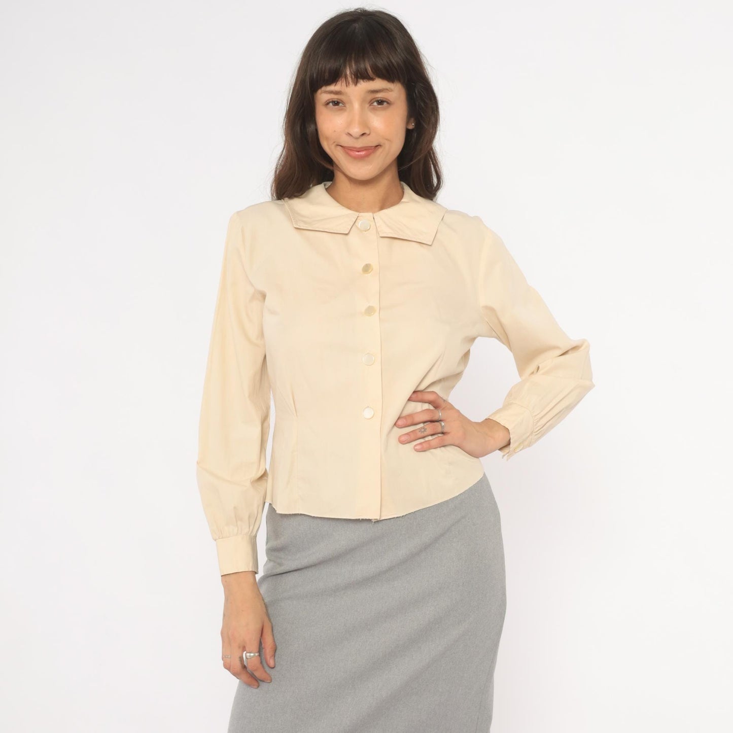 70s Fashionalit Cream Button Front Blouse Pointed Collar Puff Sleeve Medium