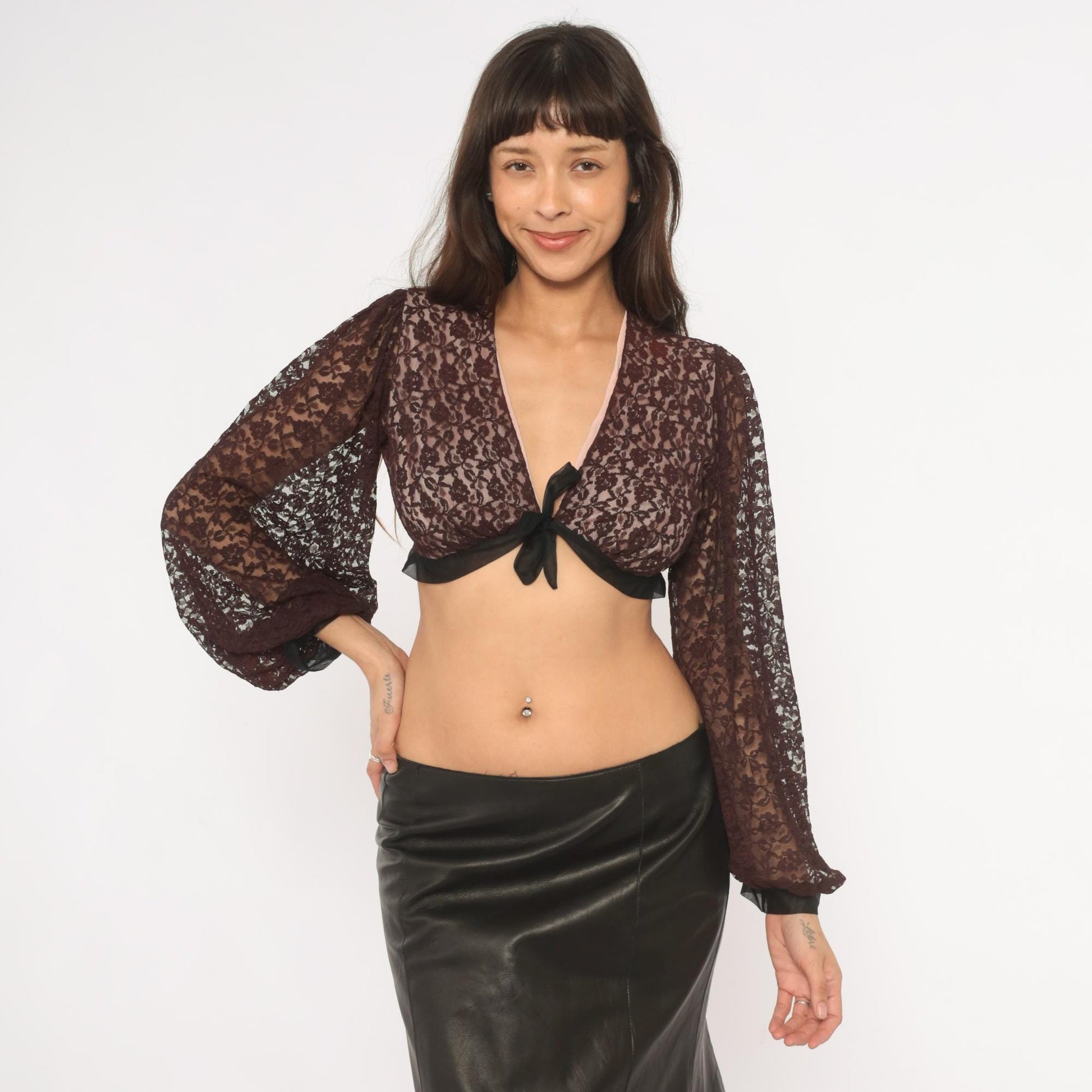 70s Rovel of California Black Lace Crop Top Tie Front Deep V Neck Bishop Sleeve Small