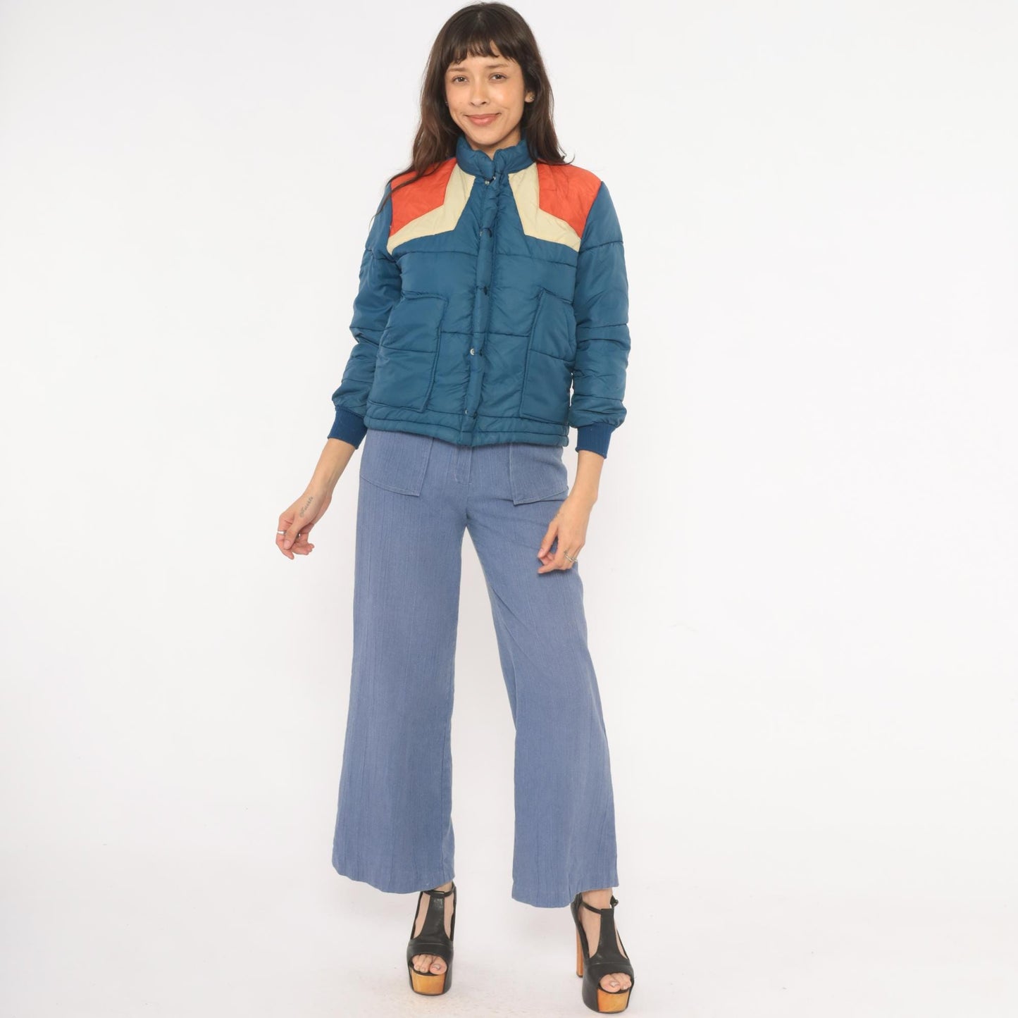 70s Navy Orange Cream Chevron Puffer Jacket Quilted Bomber Ski Coat XS