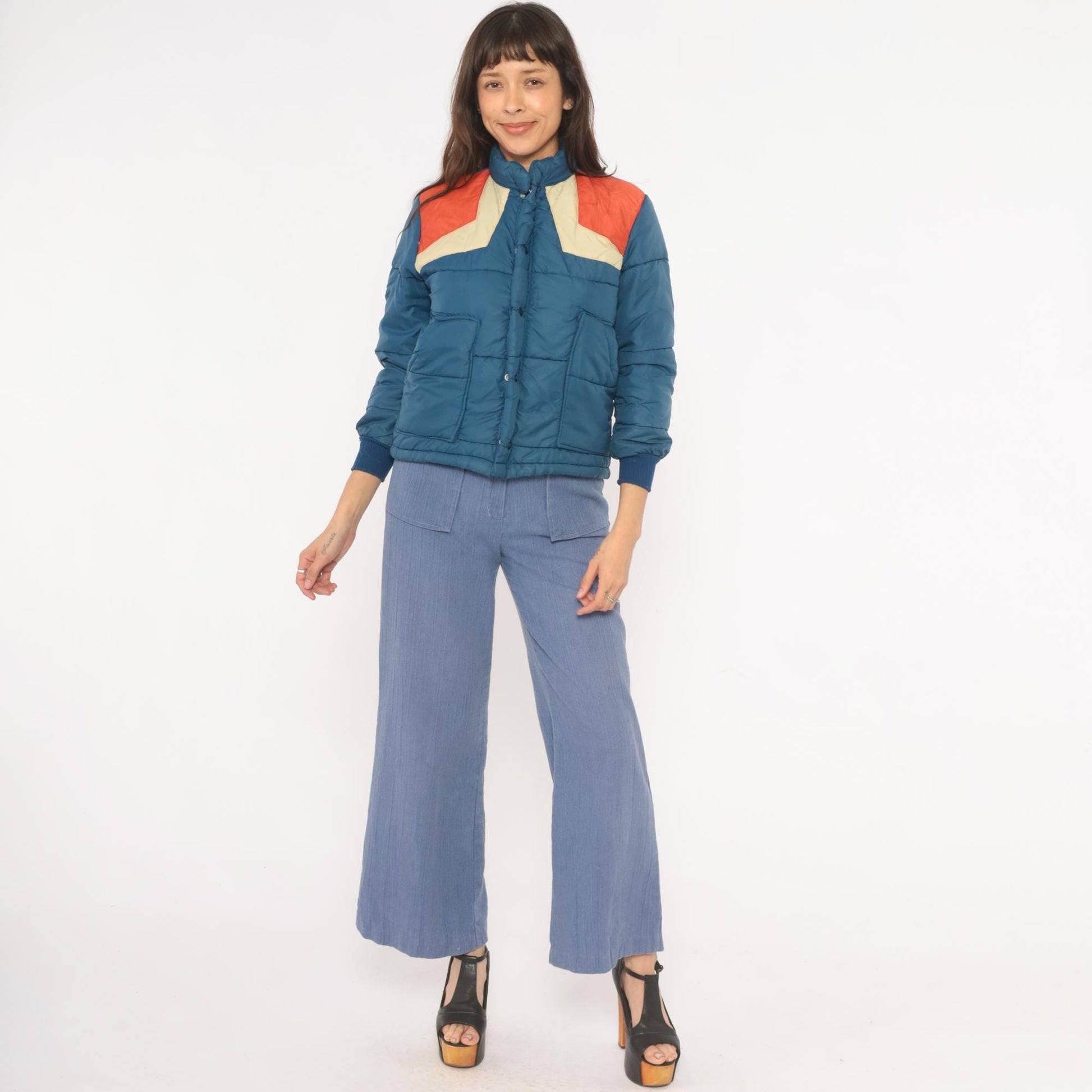 70s Navy Orange Cream Chevron Puffer Jacket Quilted Bomber Ski Coat XS