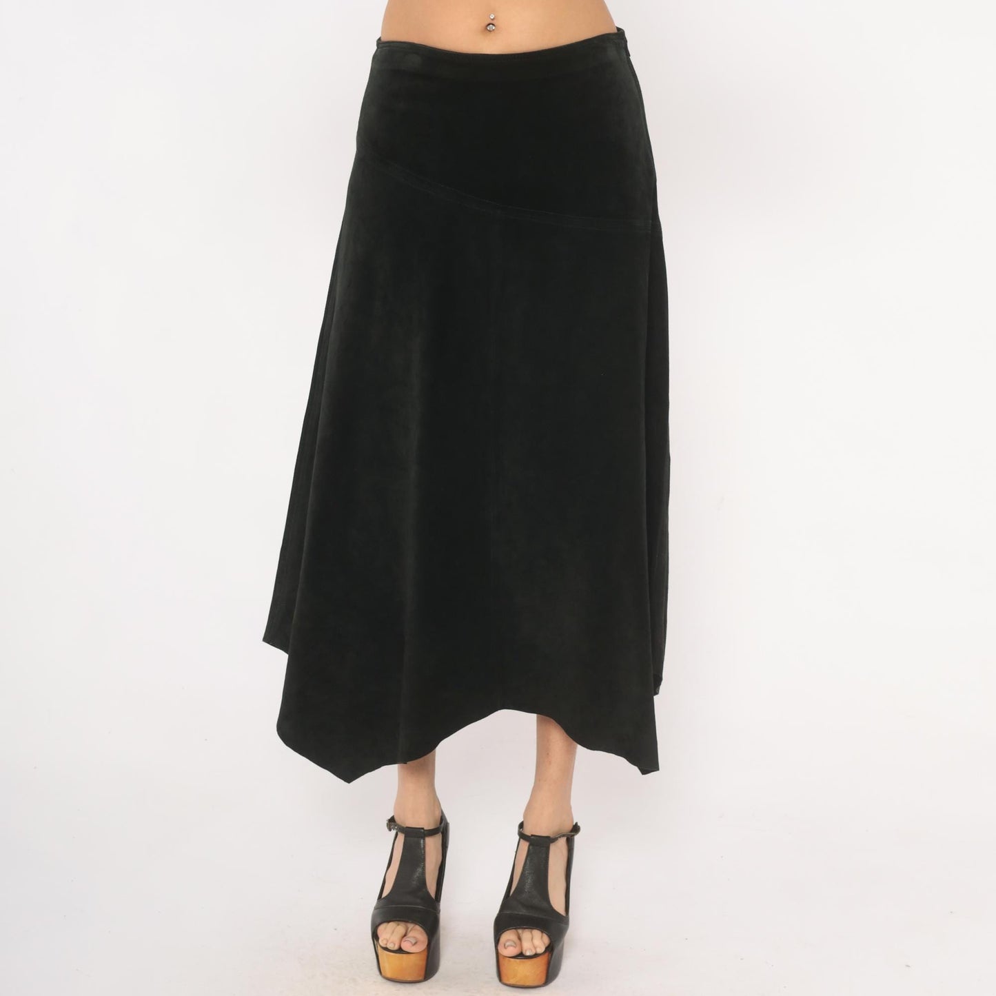 90s Provence Black Suede Midi Skirt Asymmetrical Handkerchief Hem High Waist Small