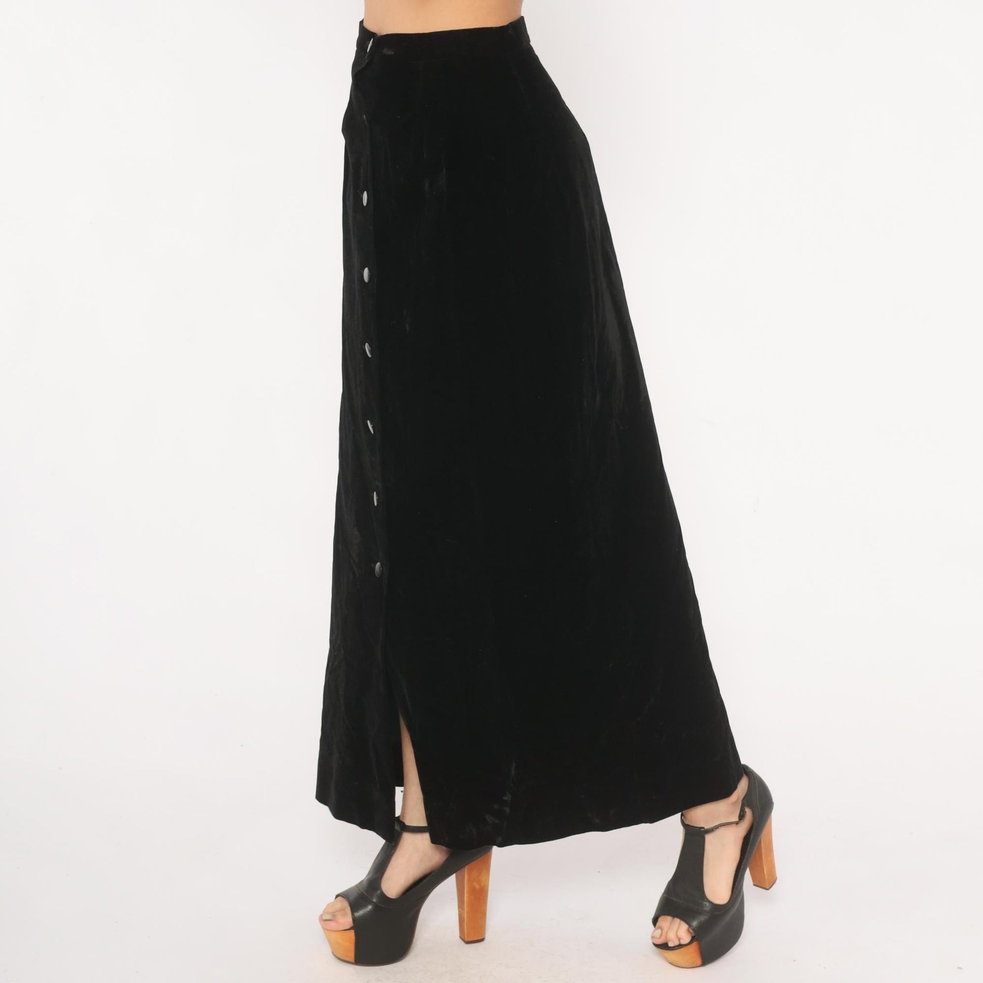 90s Black Velvet Maxi Skirt Button Front A-Line High Waist Small S