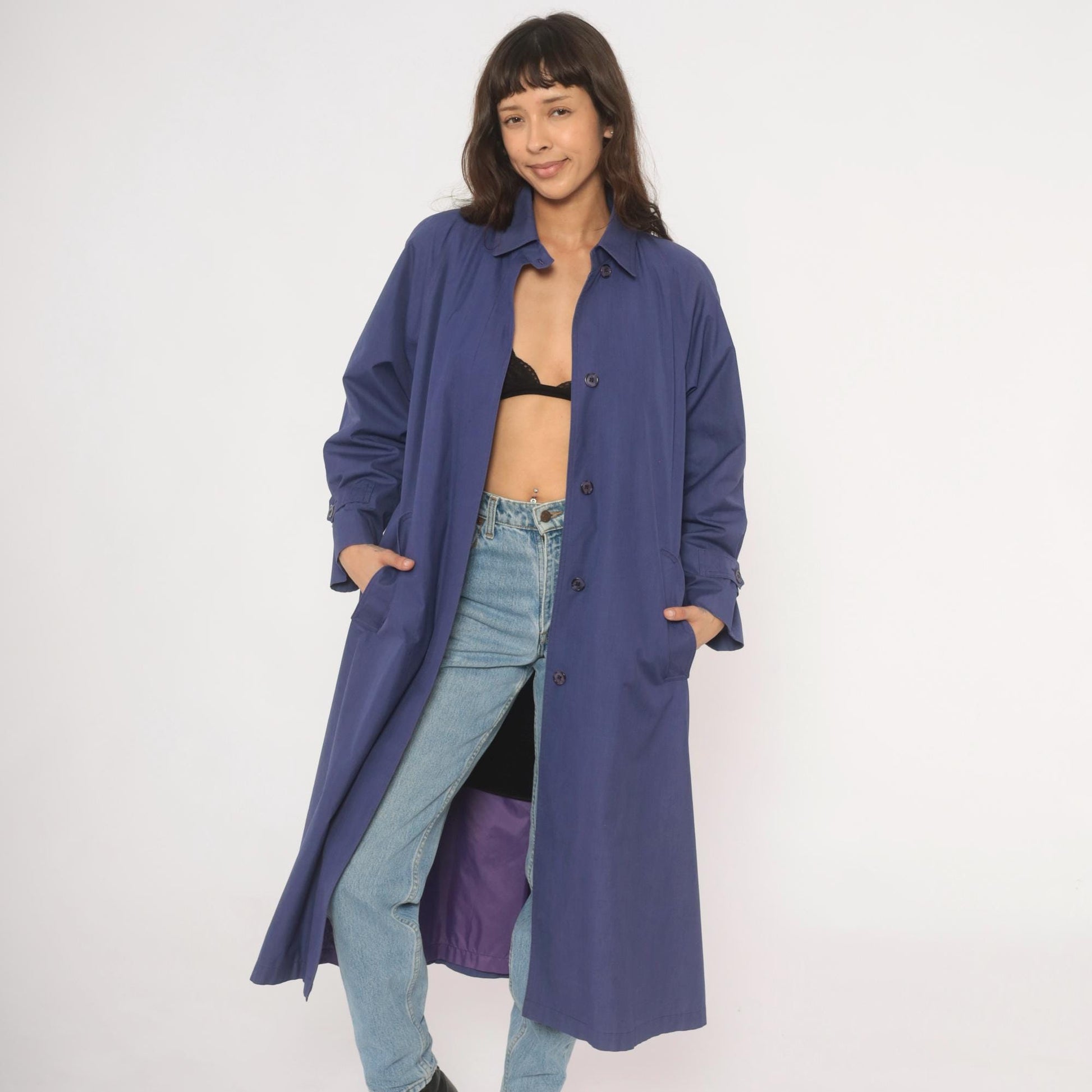 80s London Fog Periwinkle Trench Coat Cotton Midi Duster Medium M