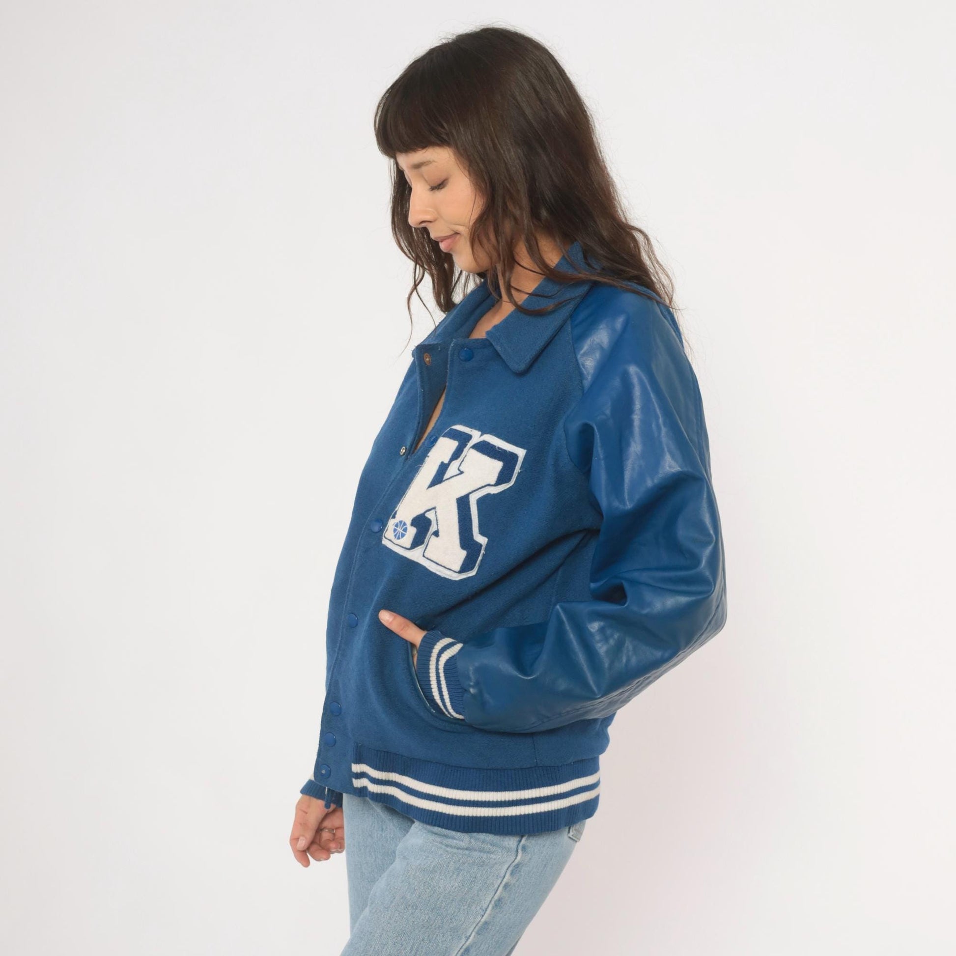 90s Reebok Varsity Jacket Wool Leather Letterman Blue Navy White Medium M