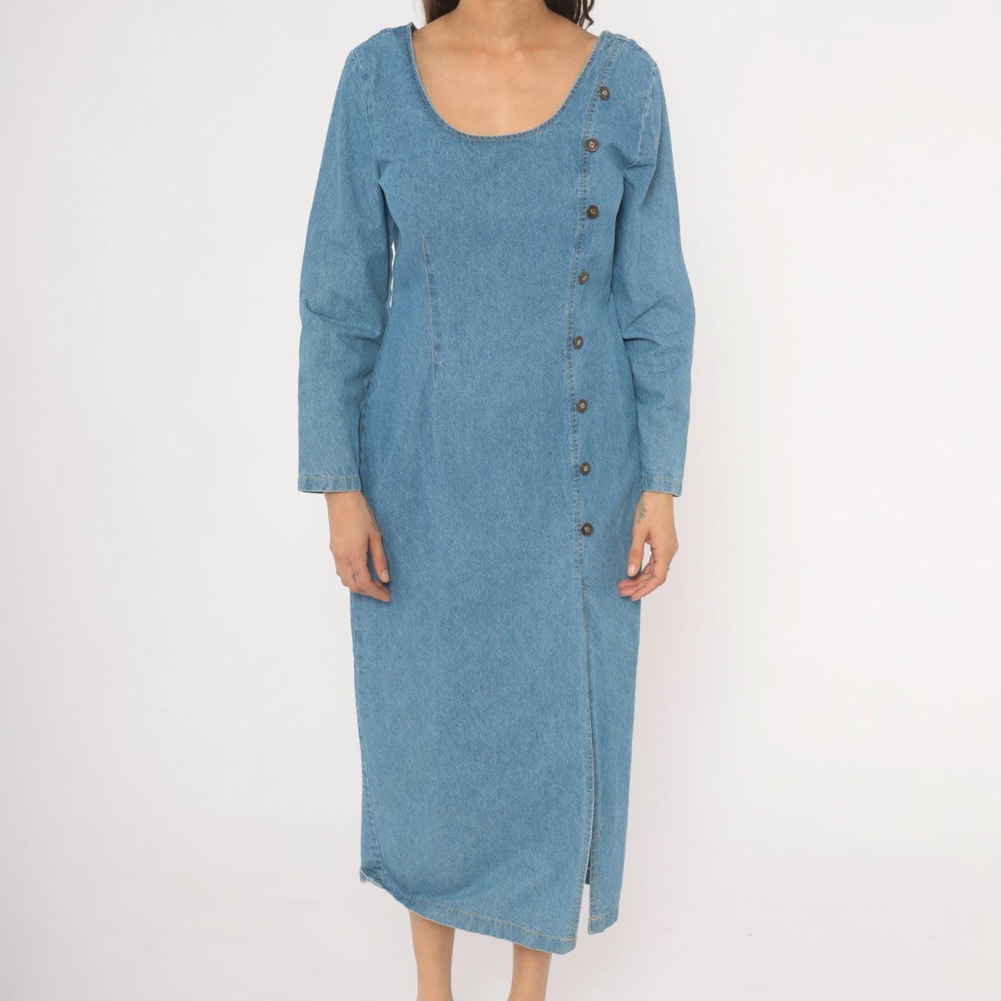 90s Switch USA Light Blue Denim Midi Dress Cotton Long Sleeve Medium M