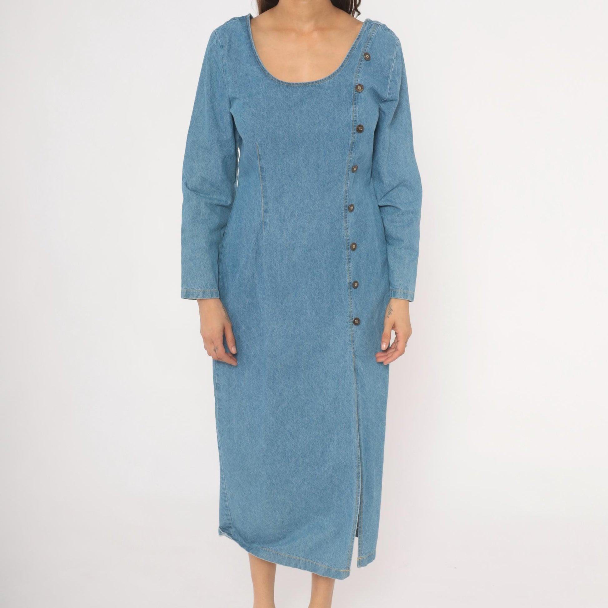 90s Switch USA Light Blue Denim Midi Dress Cotton Long Sleeve Medium M