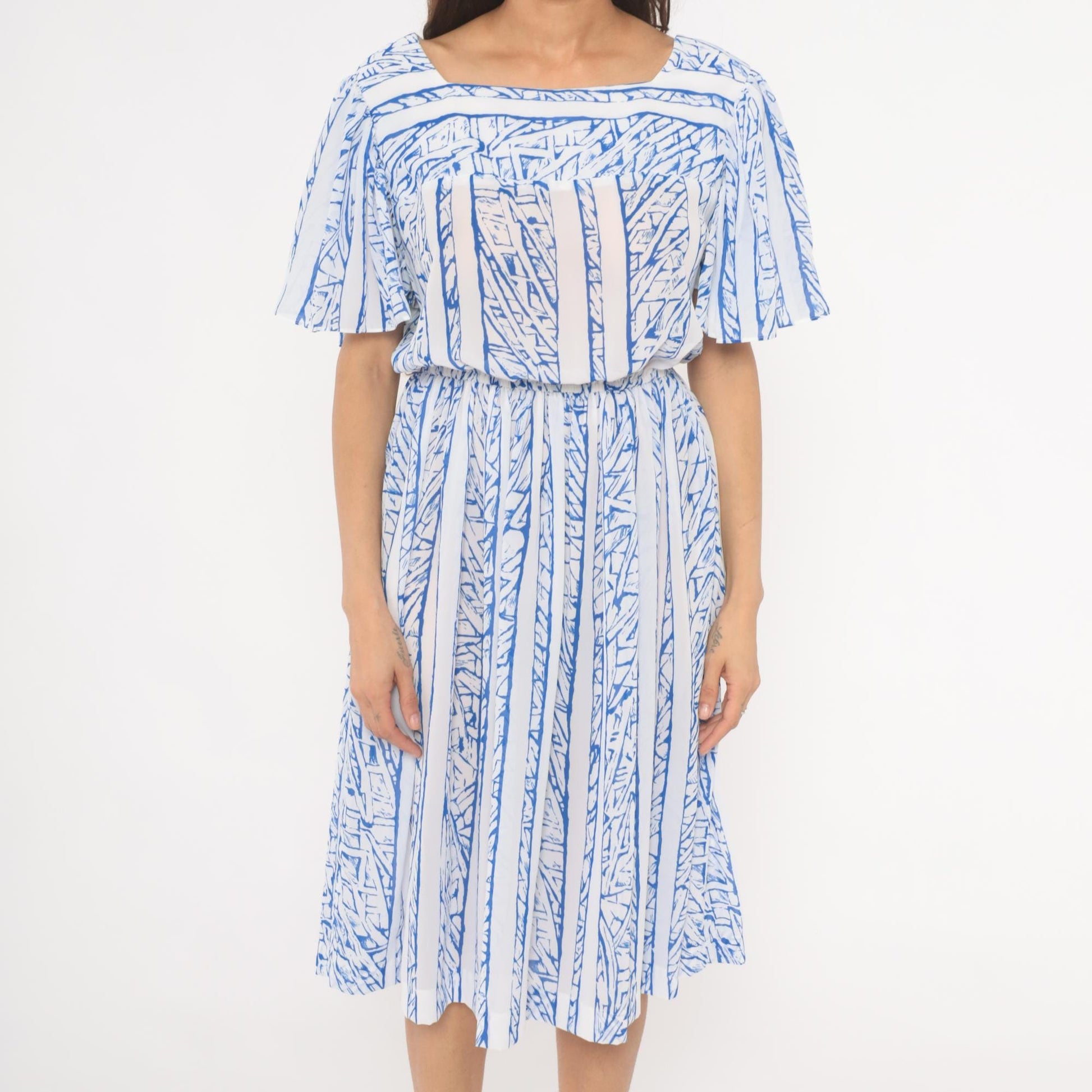 80s Top Act Abstract Stripe Dress Blue White Flutter Sleeve Knee Length Large L