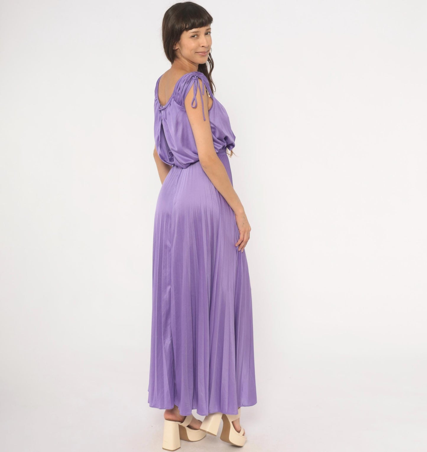70s Lavender Pleated Maxi Dress Satin Blouson Bodice Tie Shoulder Small S