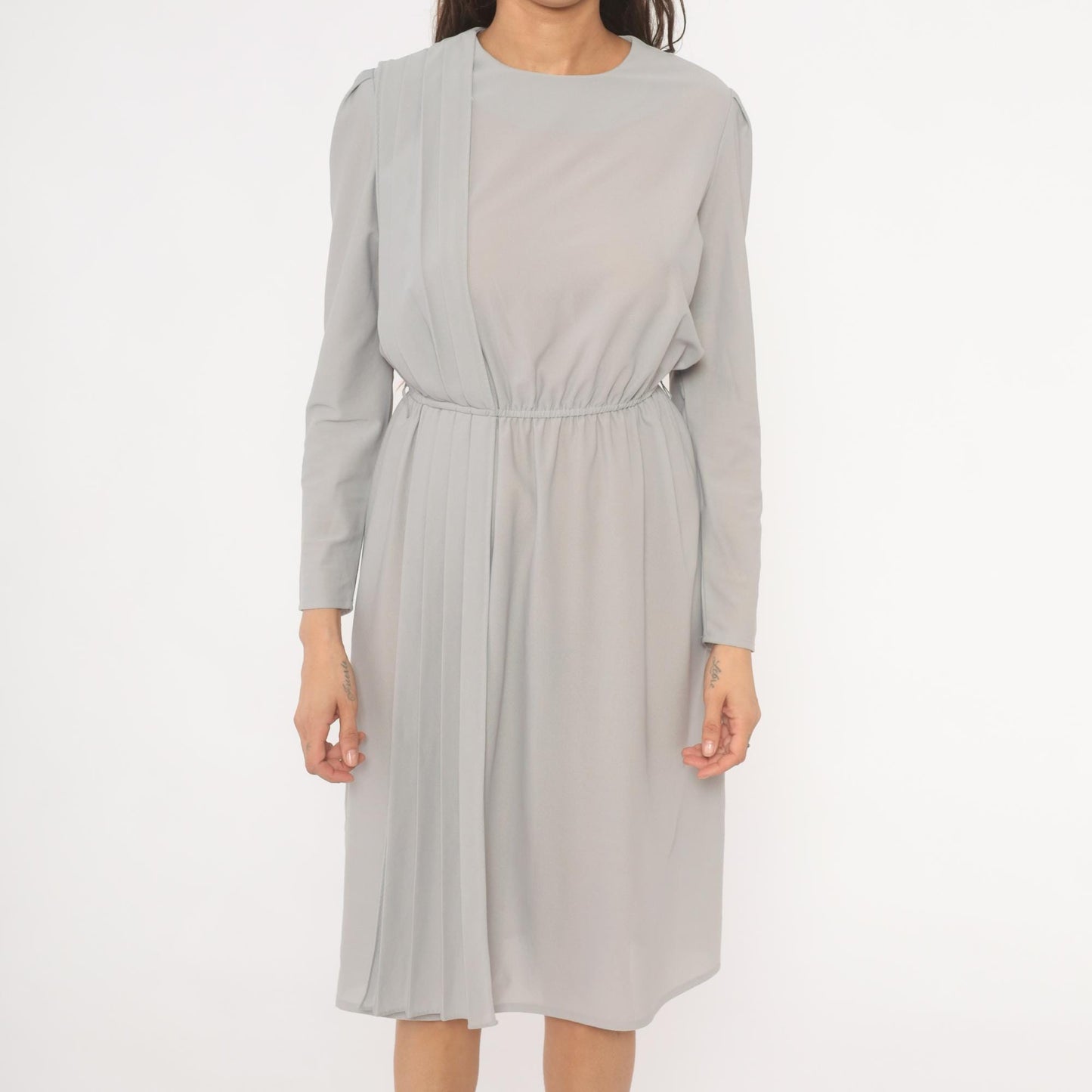 80s Grey Pleated Front Dress Pearl Button Back Long Sleeve Knee Length Small S
