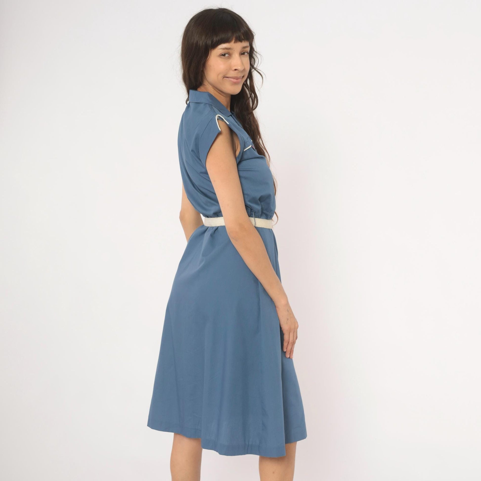 80s Slate Blue Button-Front Shirtdress Cap Sleeve Notched Collar Belted Small S