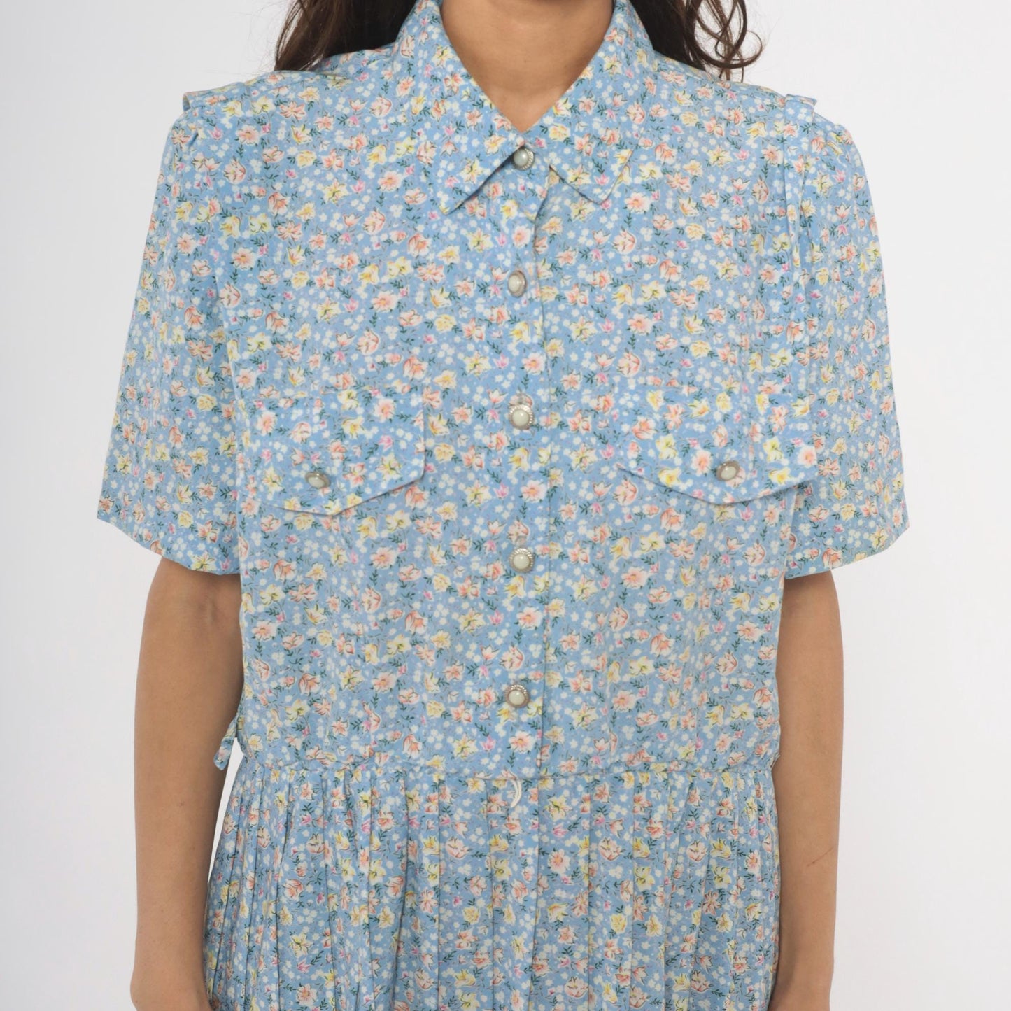 90s Breli Originals Floral Shirtdress Sky Blue Midi Pleated Skirt Large L