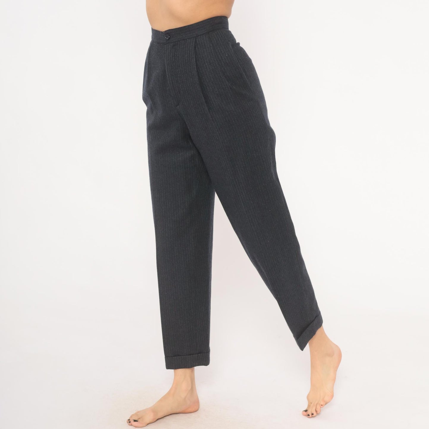 80s Preferred Stock Pinstripe Pleated Trousers Navy Wool Blend High Waist Extra Small XS