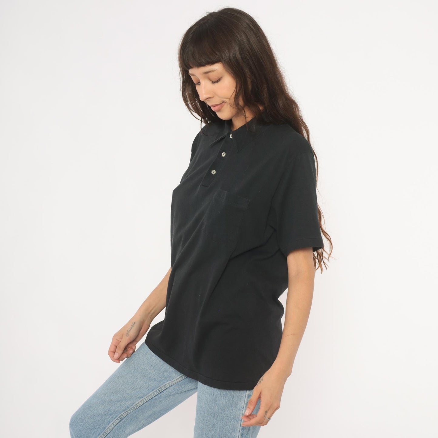 80s American Legion Post 496 Kent Ohio Polo Shirt Black Cotton Casual Knits Large