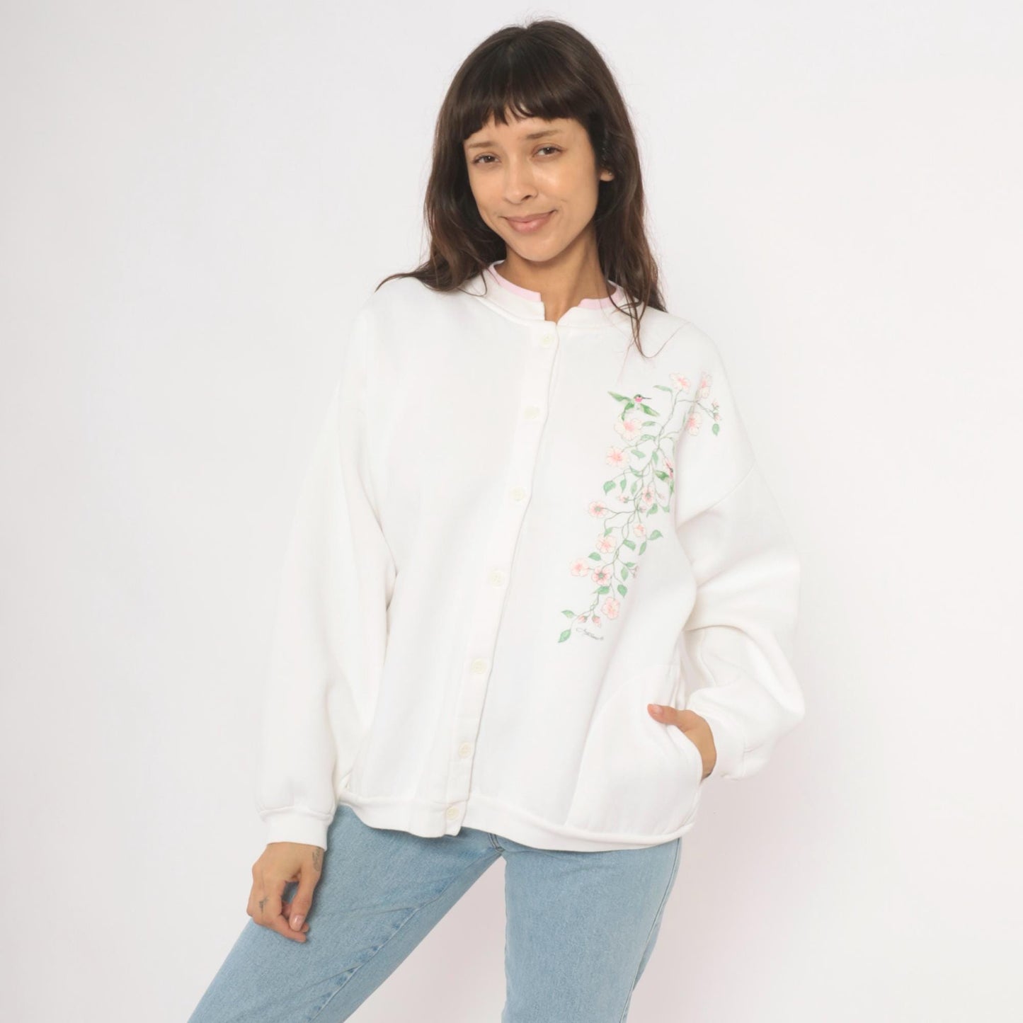 90s Artisans Hummingbird Floral Button Cardigan White Pink Cotton Large XL
