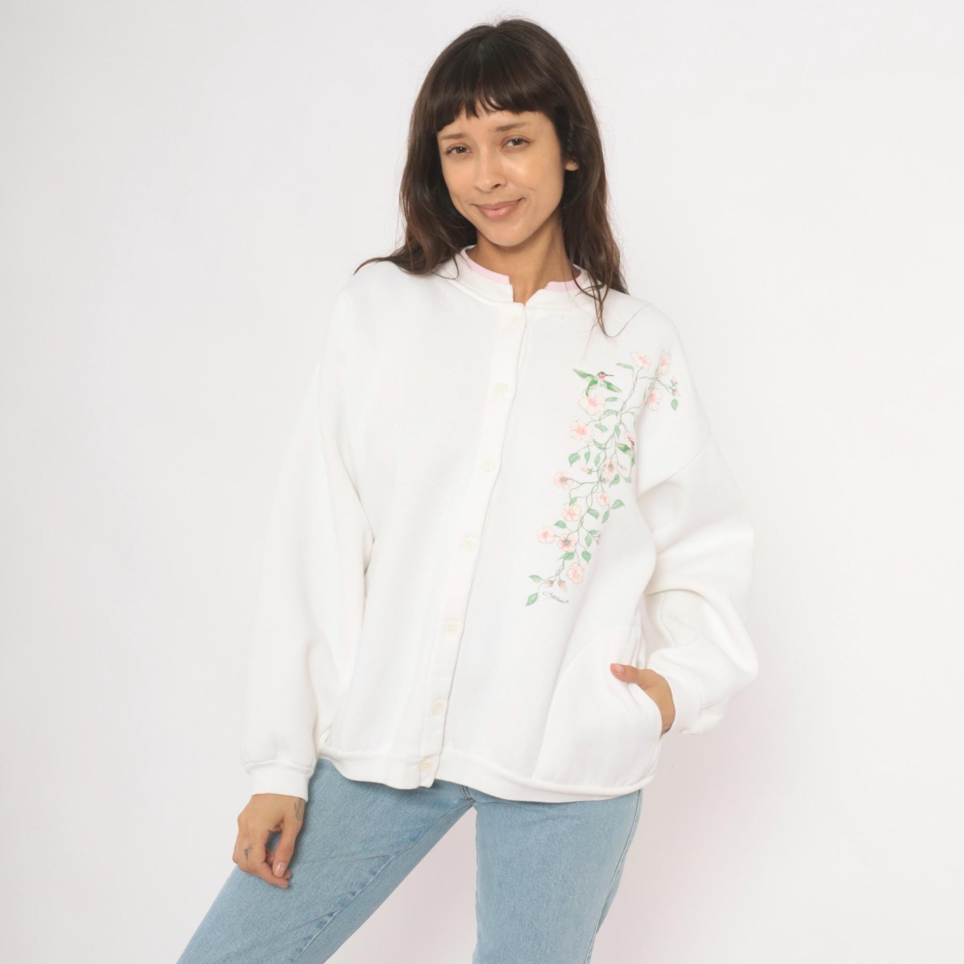 90s Artisans Hummingbird Floral Button Cardigan White Pink Cotton Large XL